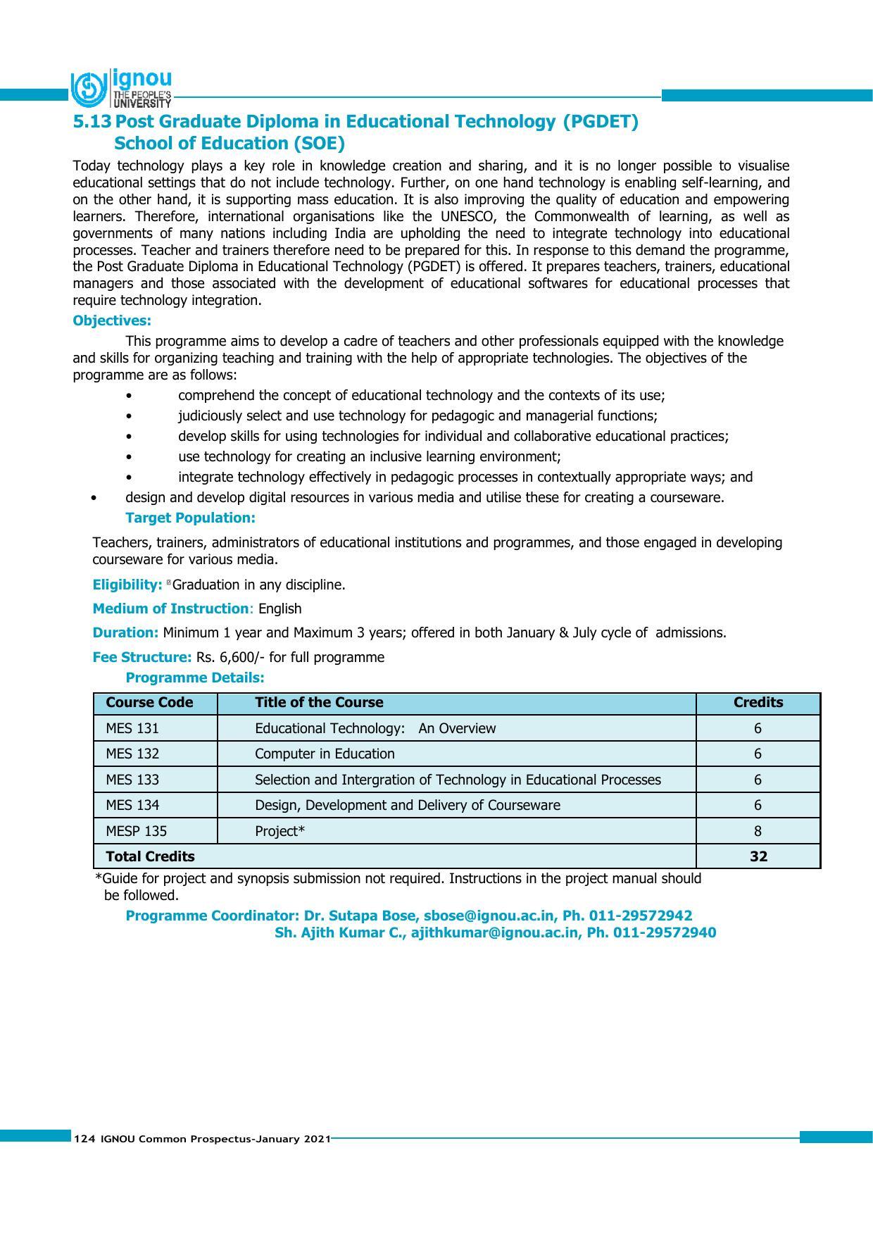 Indira Gandhi National Open University (IGNOU), Delhi - Prospectus 2021 - Page 124