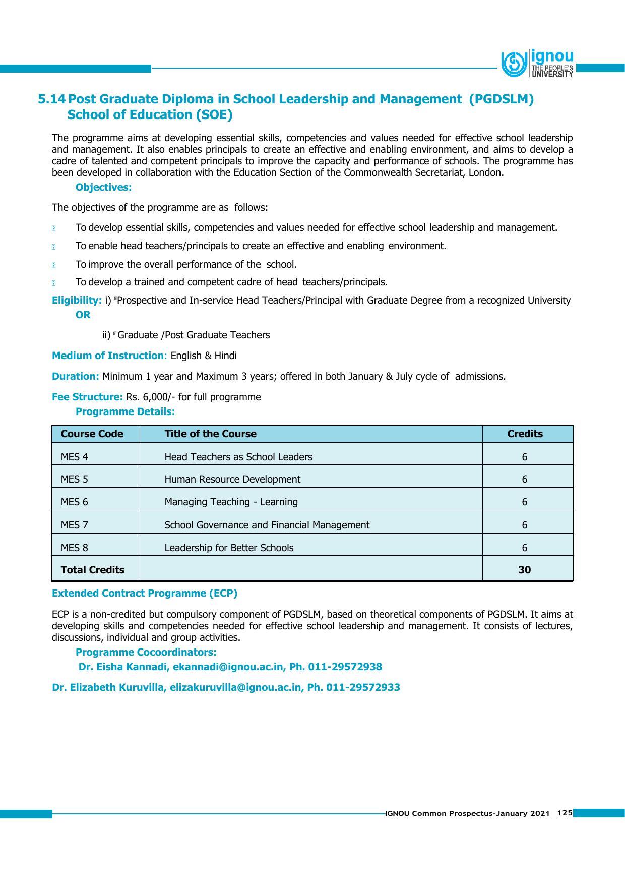 Indira Gandhi National Open University (IGNOU), Delhi - Prospectus 2021 - Page 125