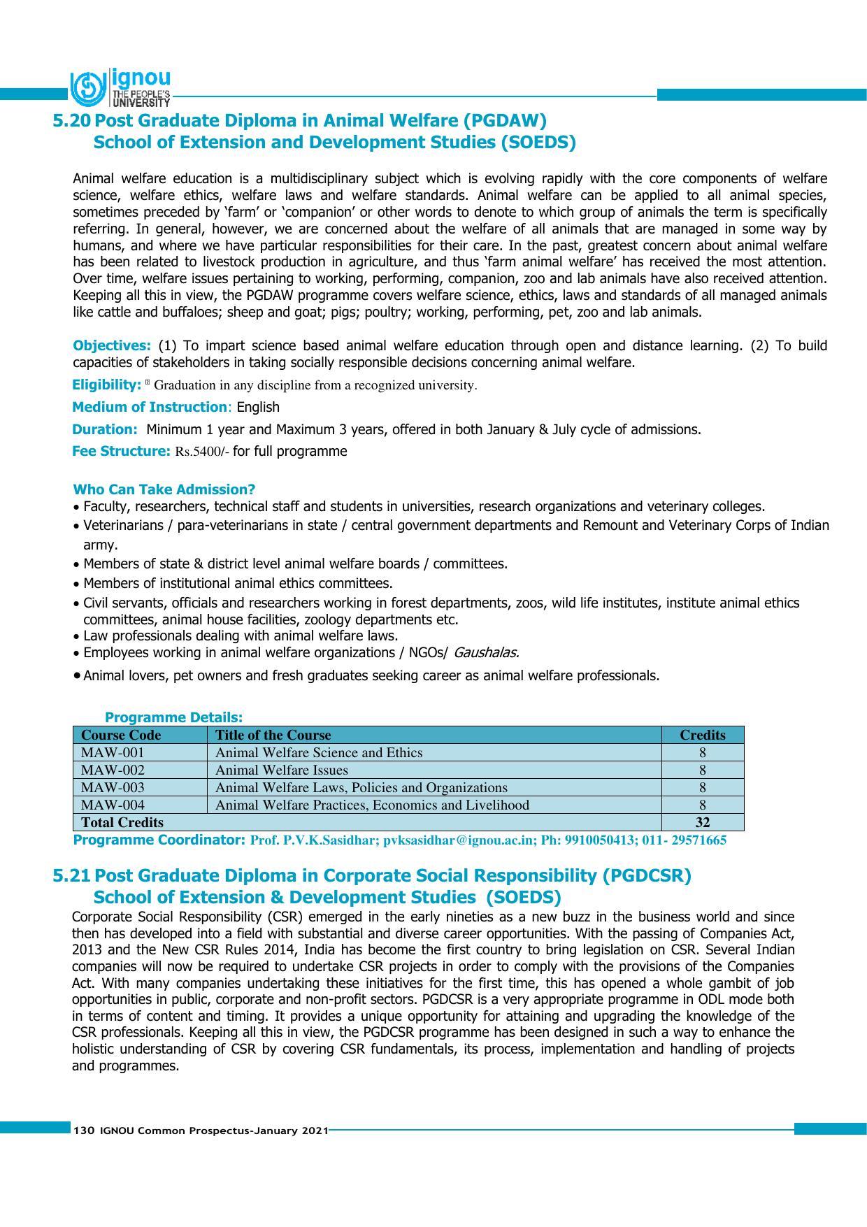 Indira Gandhi National Open University (IGNOU), Delhi - Prospectus 2021 - Page 130