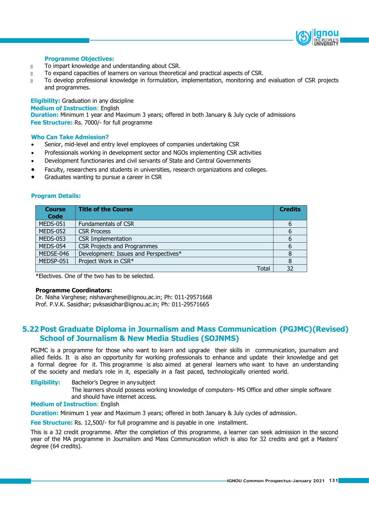Indira Gandhi National Open University (IGNOU), Delhi - Prospectus 2021 - Page 131