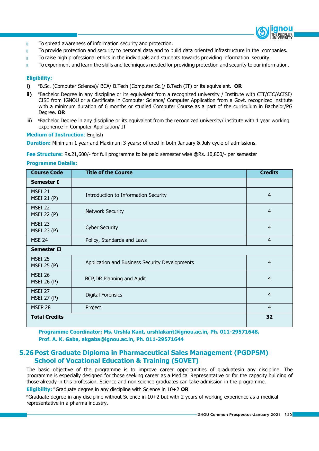 Indira Gandhi National Open University (IGNOU), Delhi - Prospectus 2021 - Page 135