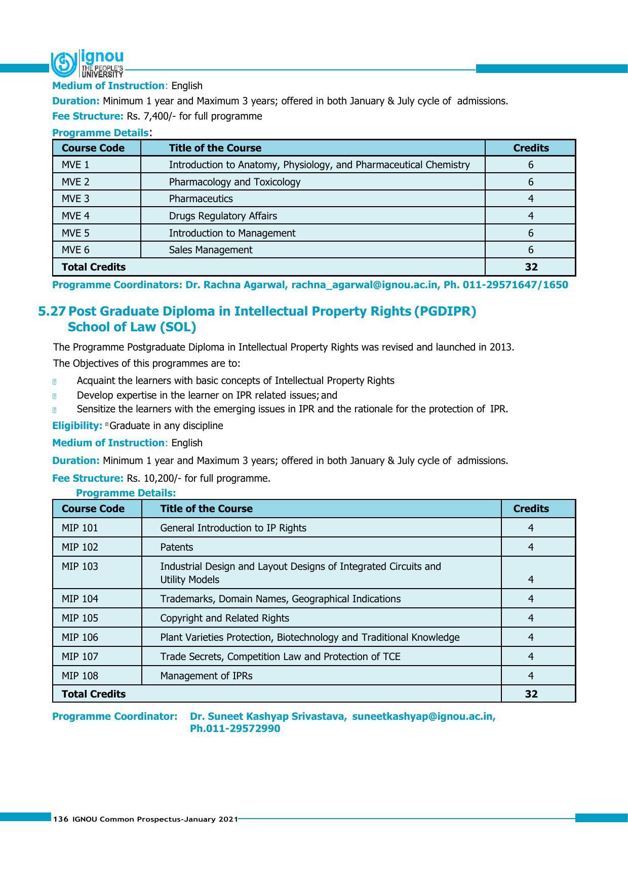 Indira Gandhi National Open University (IGNOU), Delhi - Prospectus 2021 - Page 136