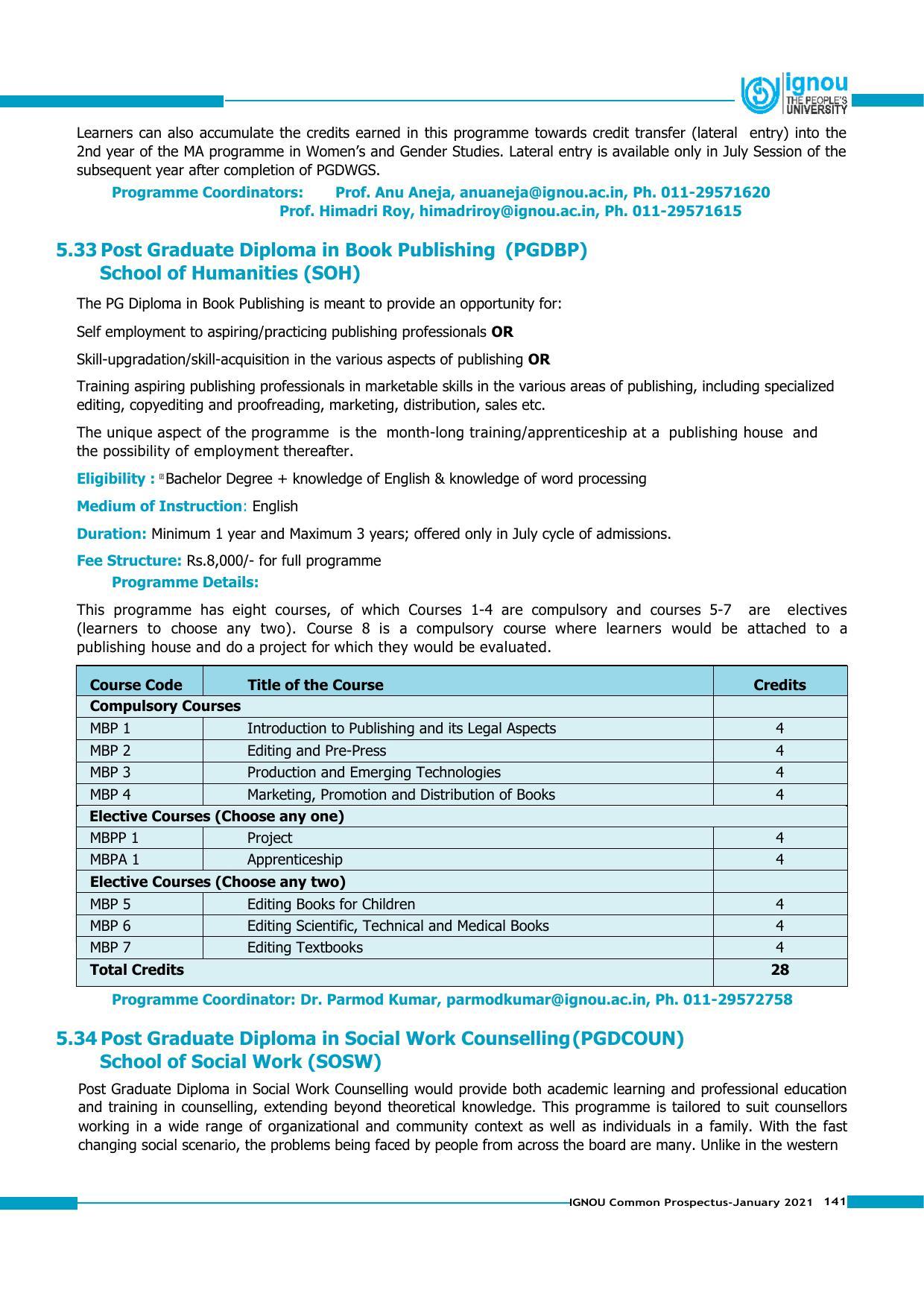 Indira Gandhi National Open University (IGNOU), Delhi - Prospectus 2021 - Page 141