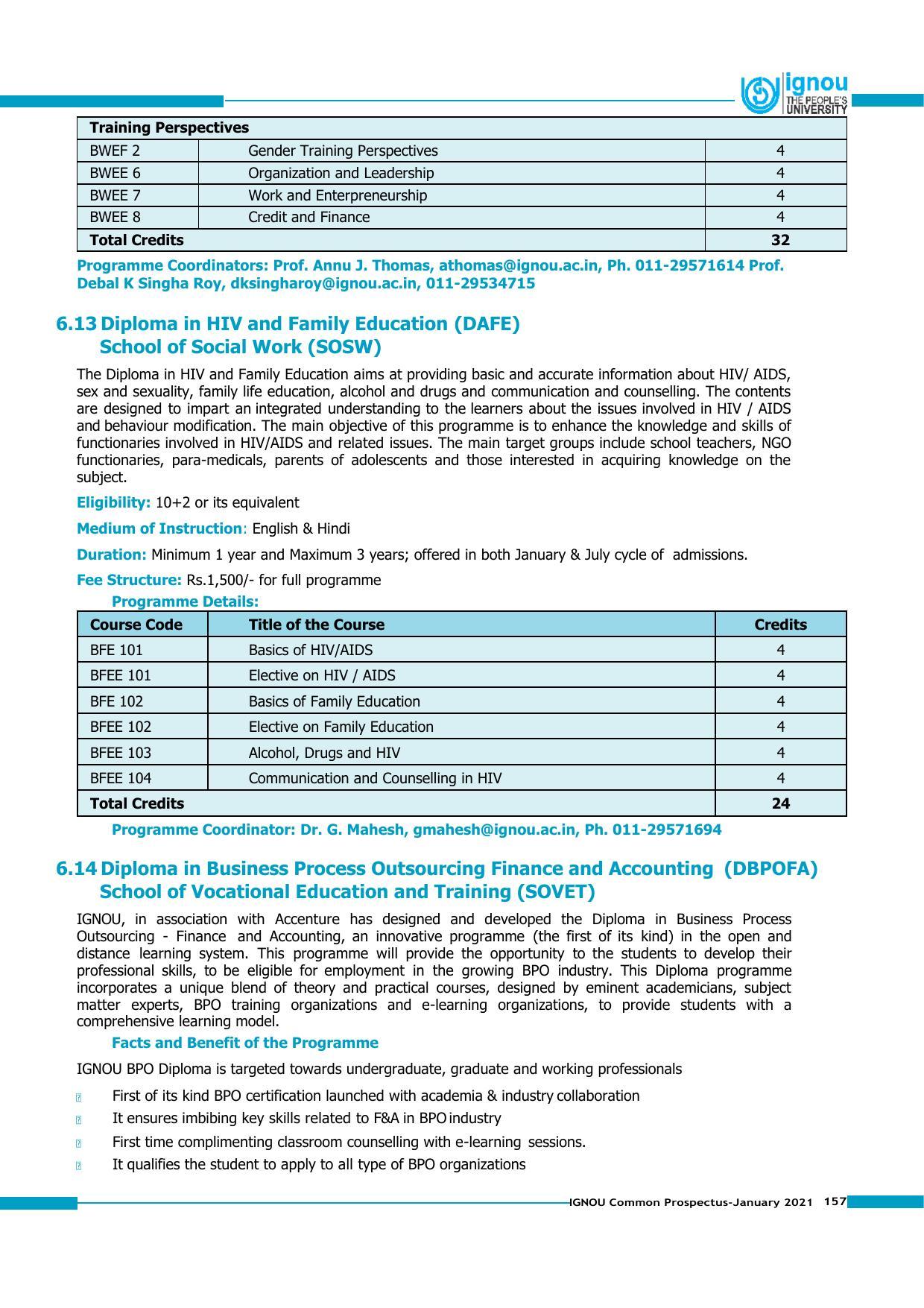 Indira Gandhi National Open University (IGNOU), Delhi - Prospectus 2021 - Page 157