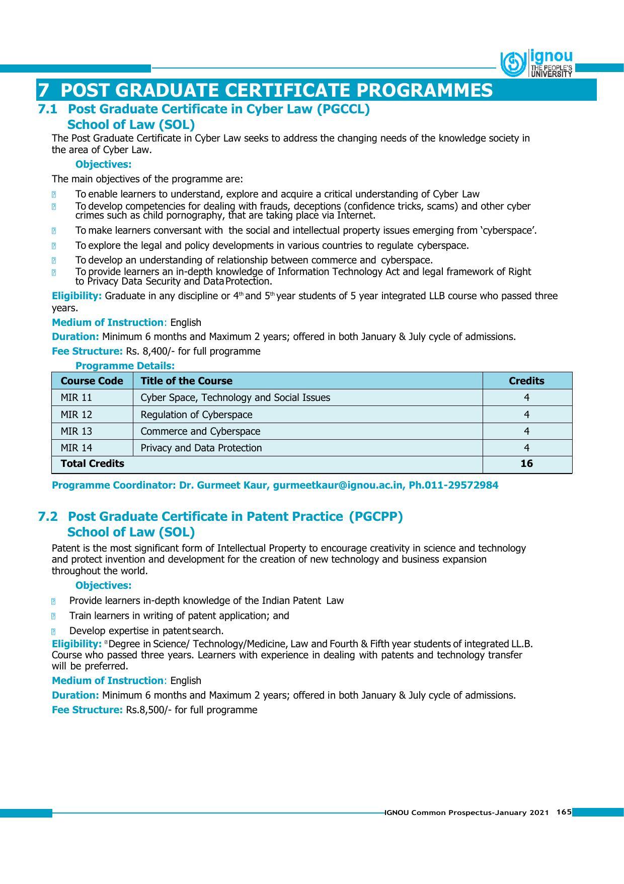 Indira Gandhi National Open University (IGNOU), Delhi - Prospectus 2021 - Page 165
