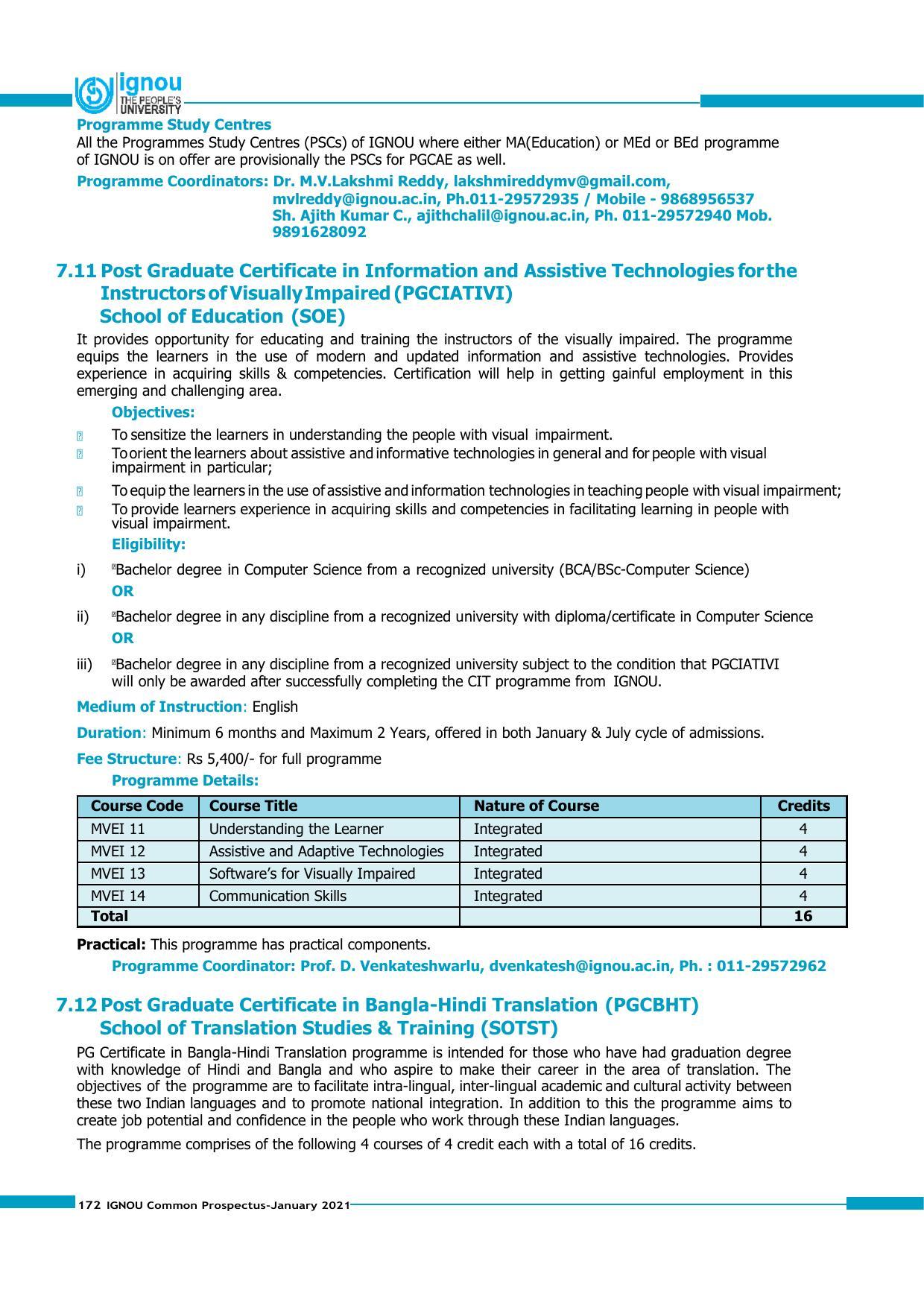 Indira Gandhi National Open University (IGNOU), Delhi - Prospectus 2021 - Page 172