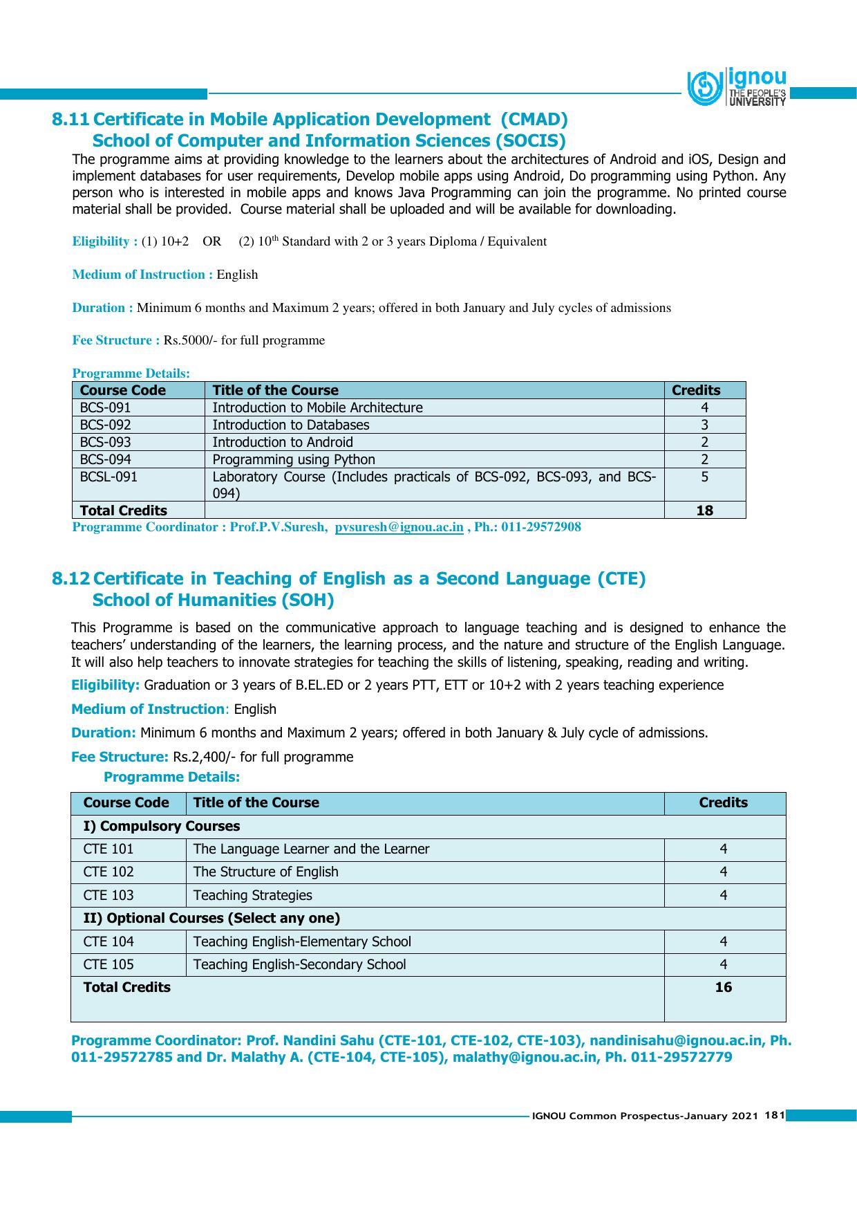 Indira Gandhi National Open University (IGNOU), Delhi - Prospectus 2021 - Page 181