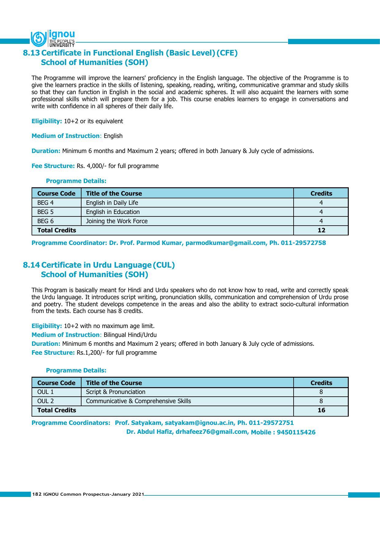 Indira Gandhi National Open University (IGNOU), Delhi - Prospectus 2021 - Page 182