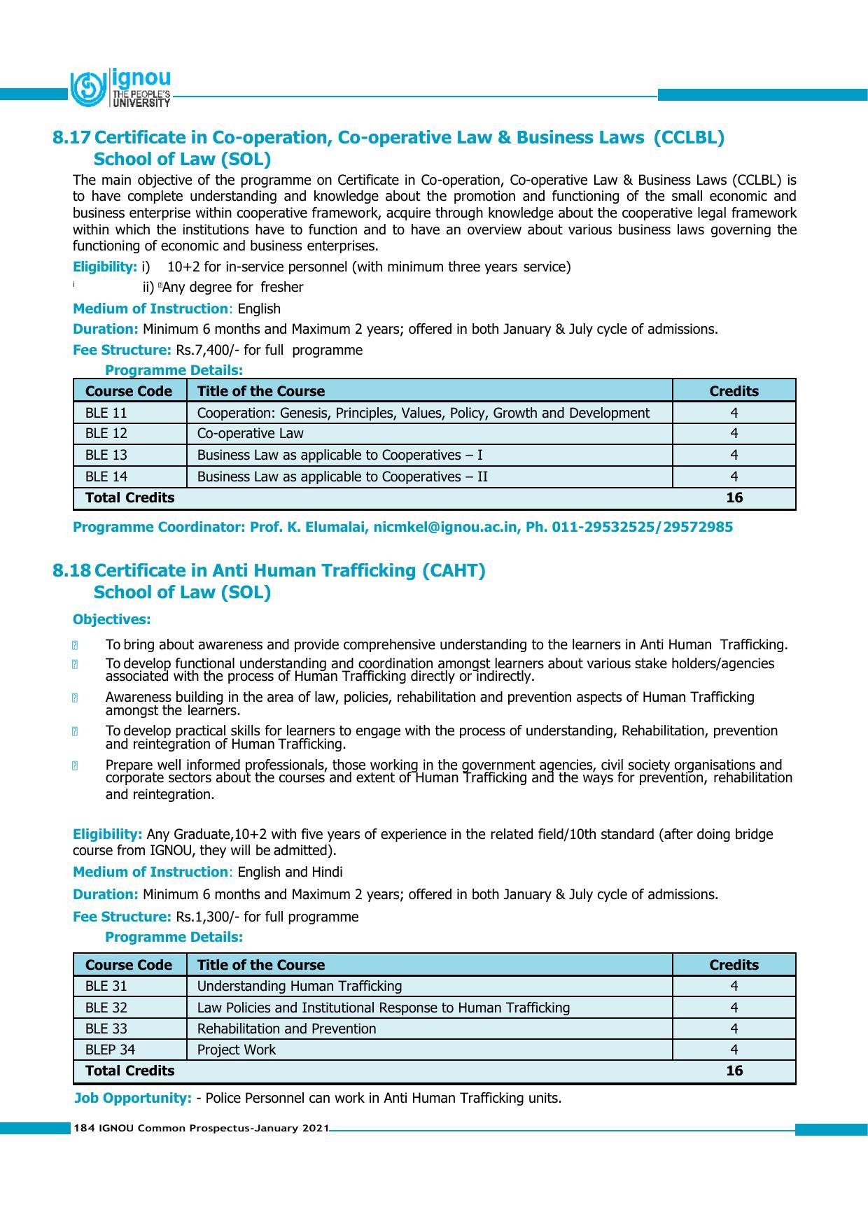Indira Gandhi National Open University (IGNOU), Delhi - Prospectus 2021 - Page 184