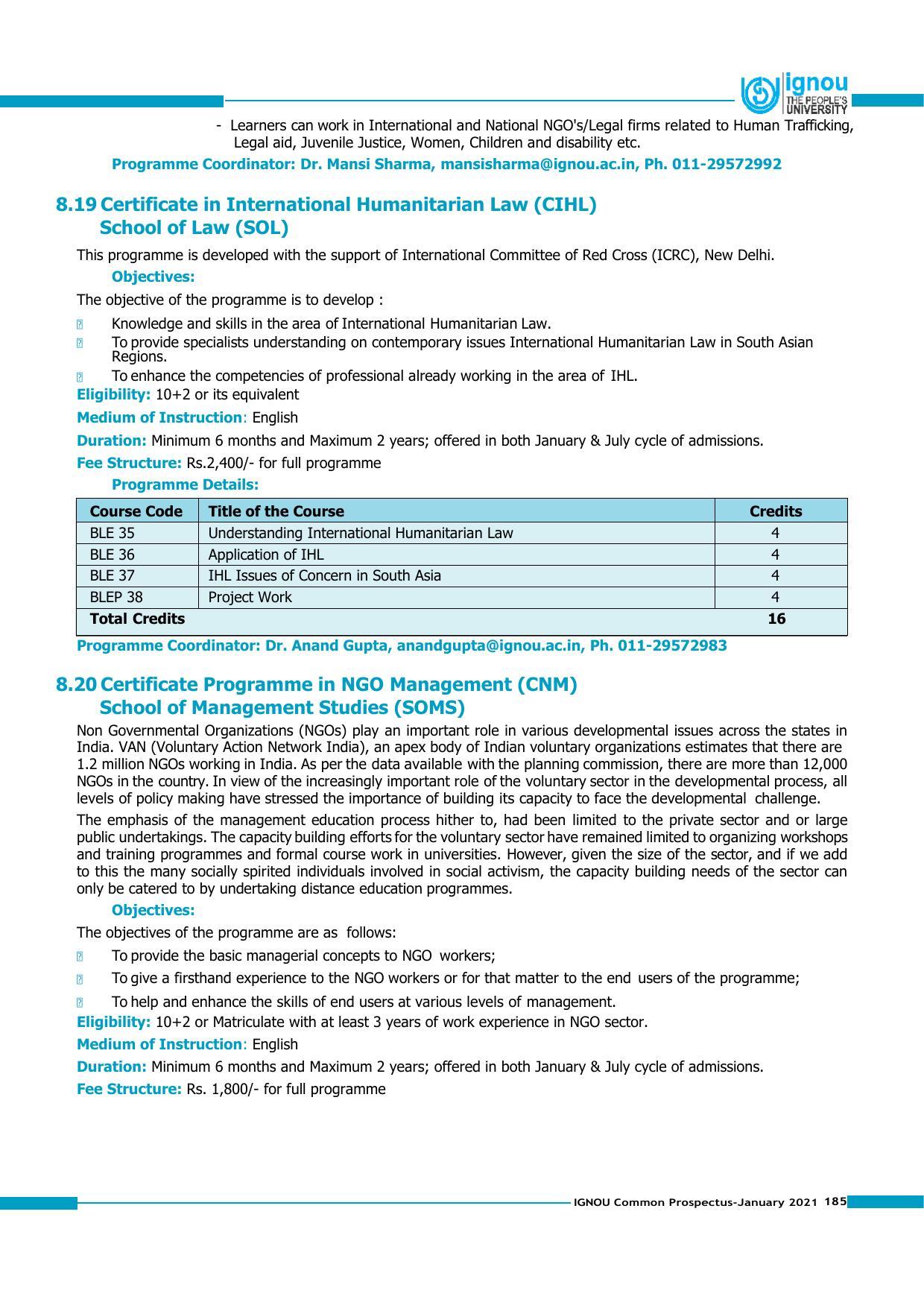 Indira Gandhi National Open University (IGNOU), Delhi - Prospectus 2021 - Page 185