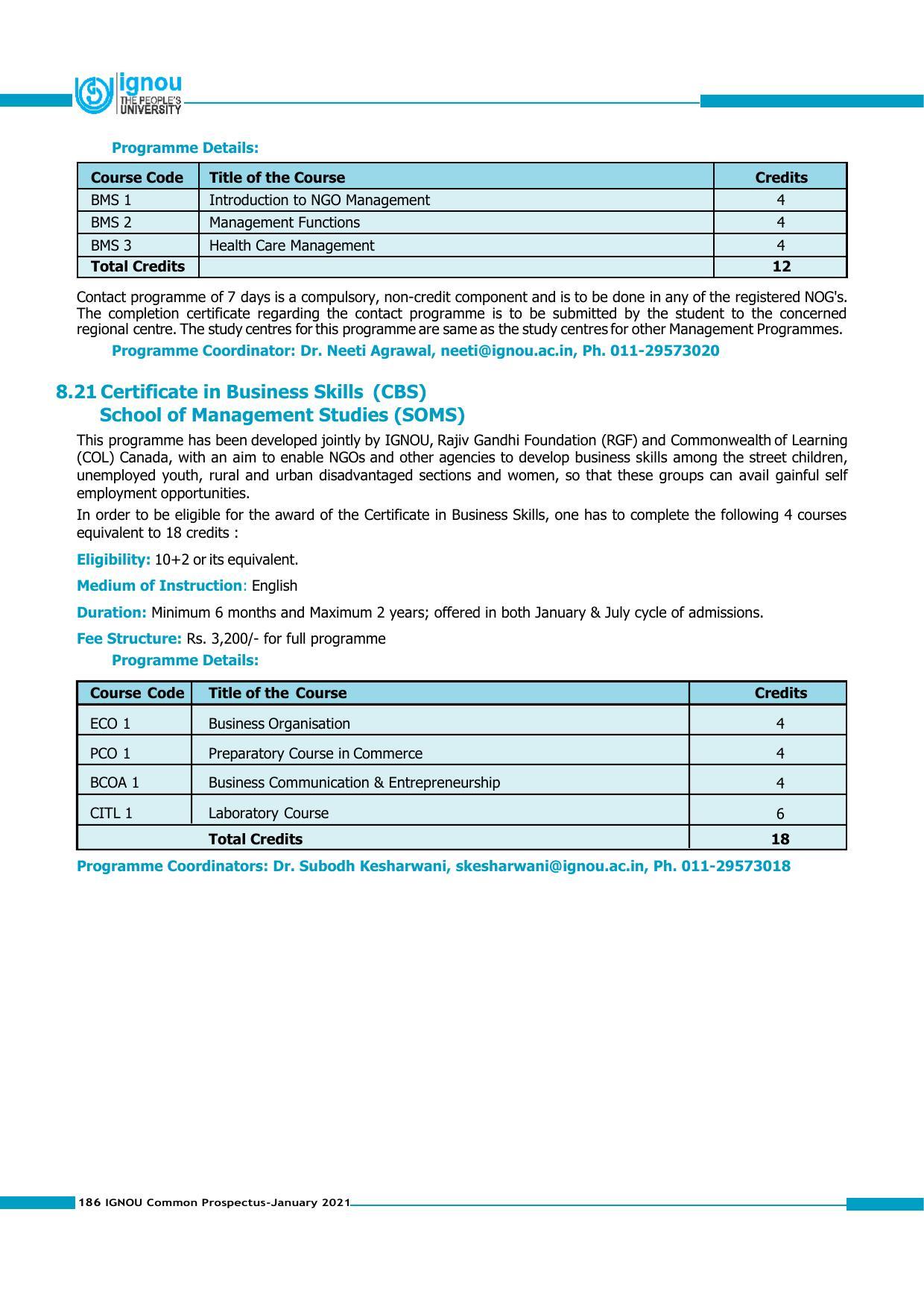 Indira Gandhi National Open University (IGNOU), Delhi - Prospectus 2021 - Page 186