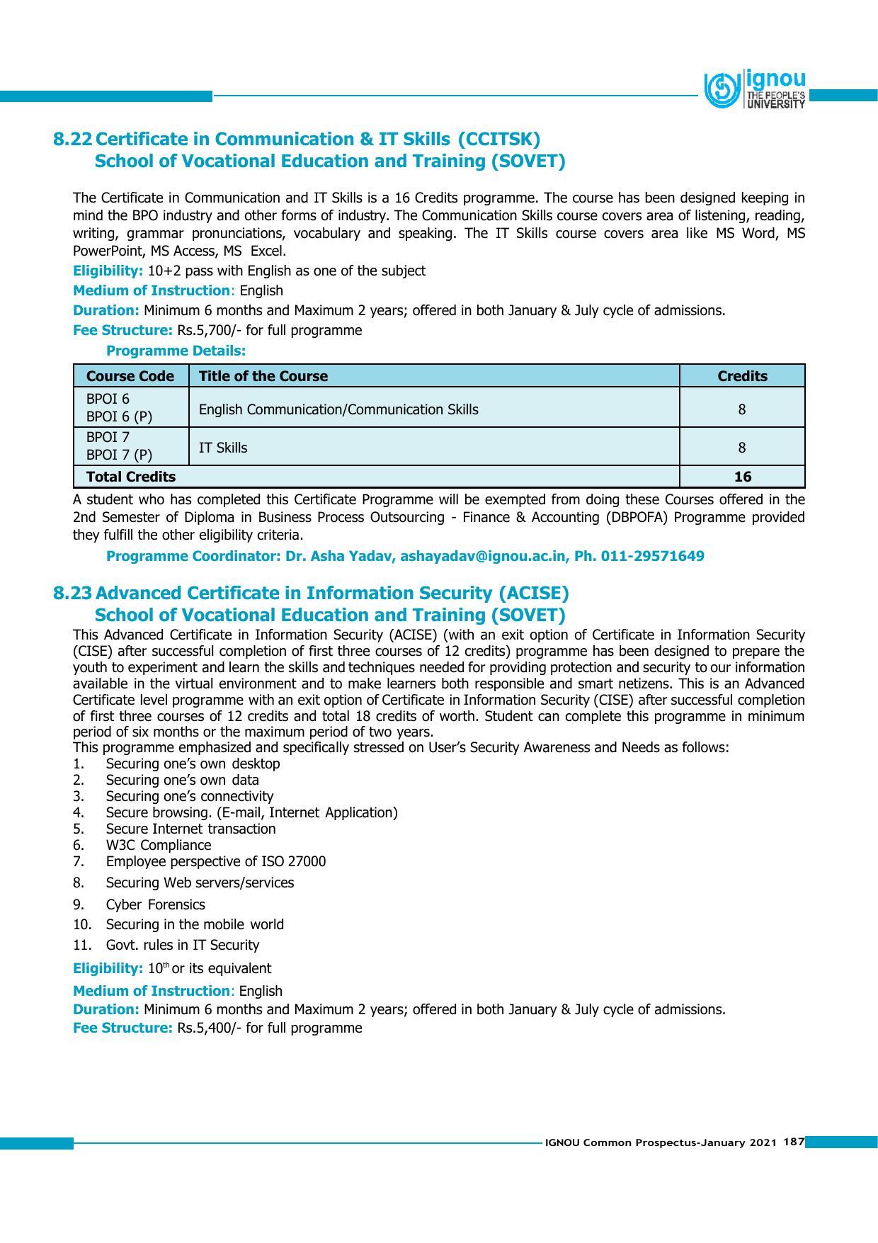 Indira Gandhi National Open University (IGNOU), Delhi - Prospectus 2021 - Page 187