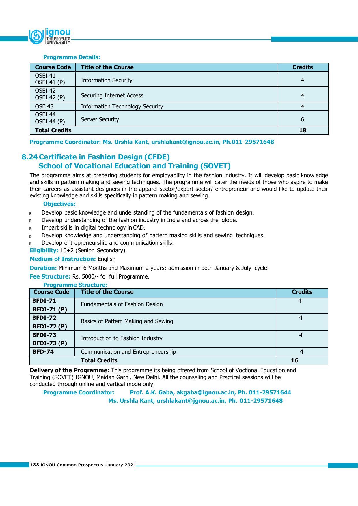 Indira Gandhi National Open University (IGNOU), Delhi - Prospectus 2021 - Page 188