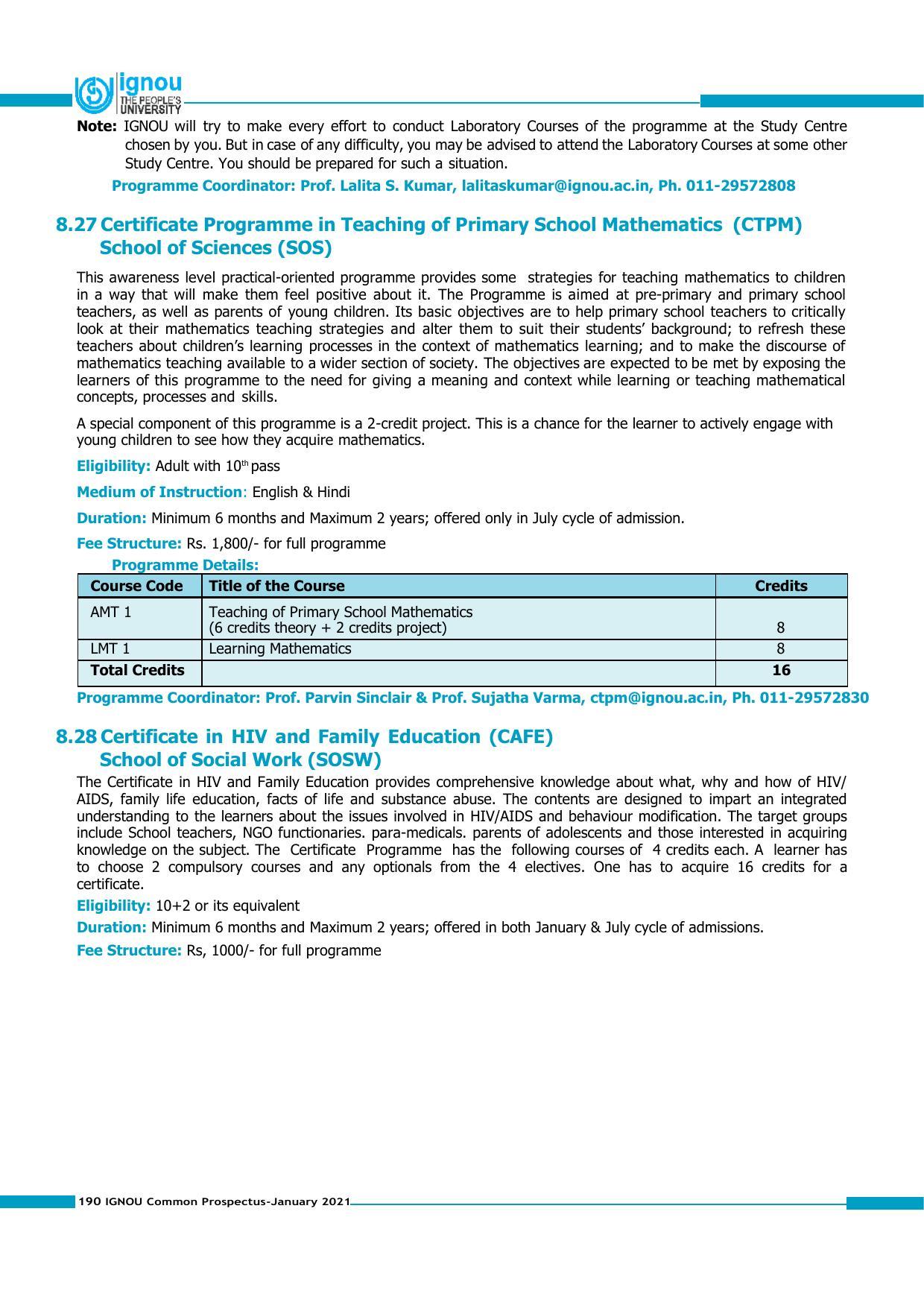 Indira Gandhi National Open University (IGNOU), Delhi - Prospectus 2021 - Page 190