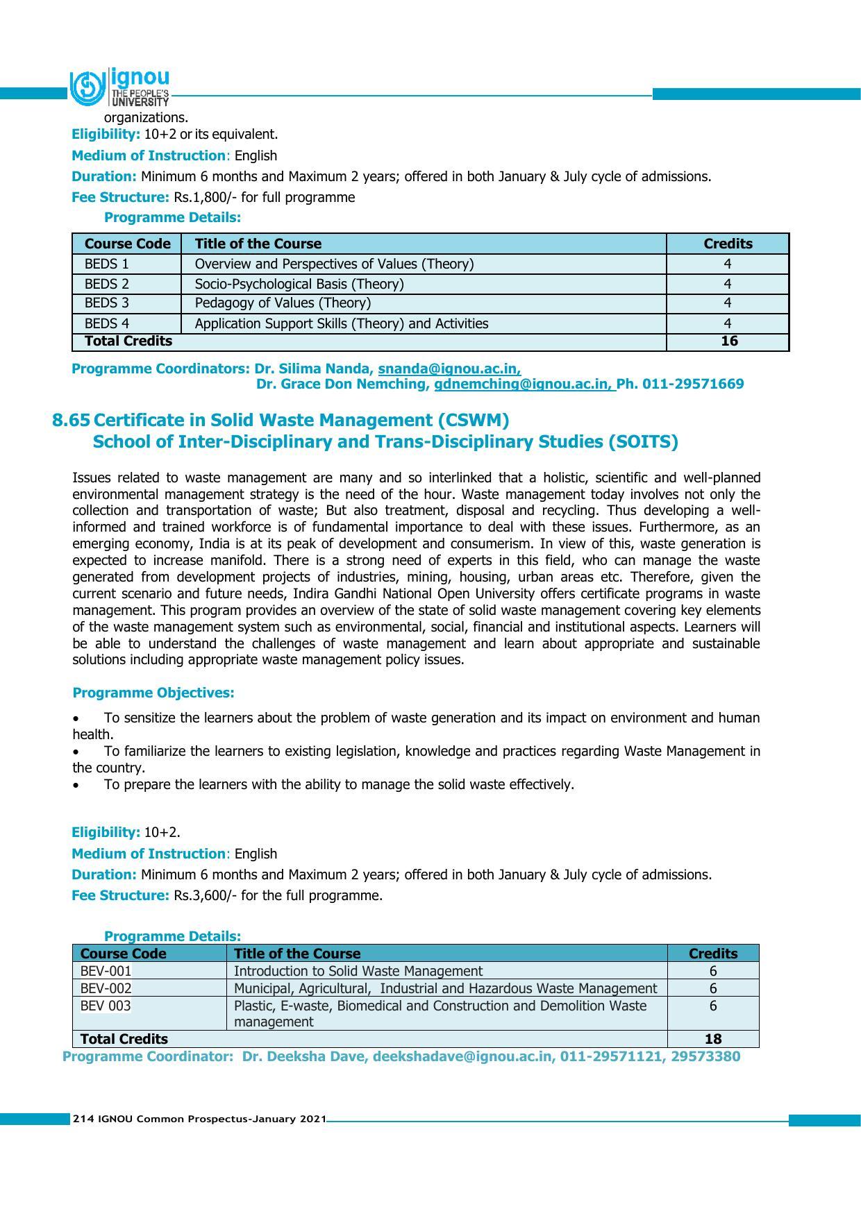 Indira Gandhi National Open University (IGNOU), Delhi - Prospectus 2021 - Page 214