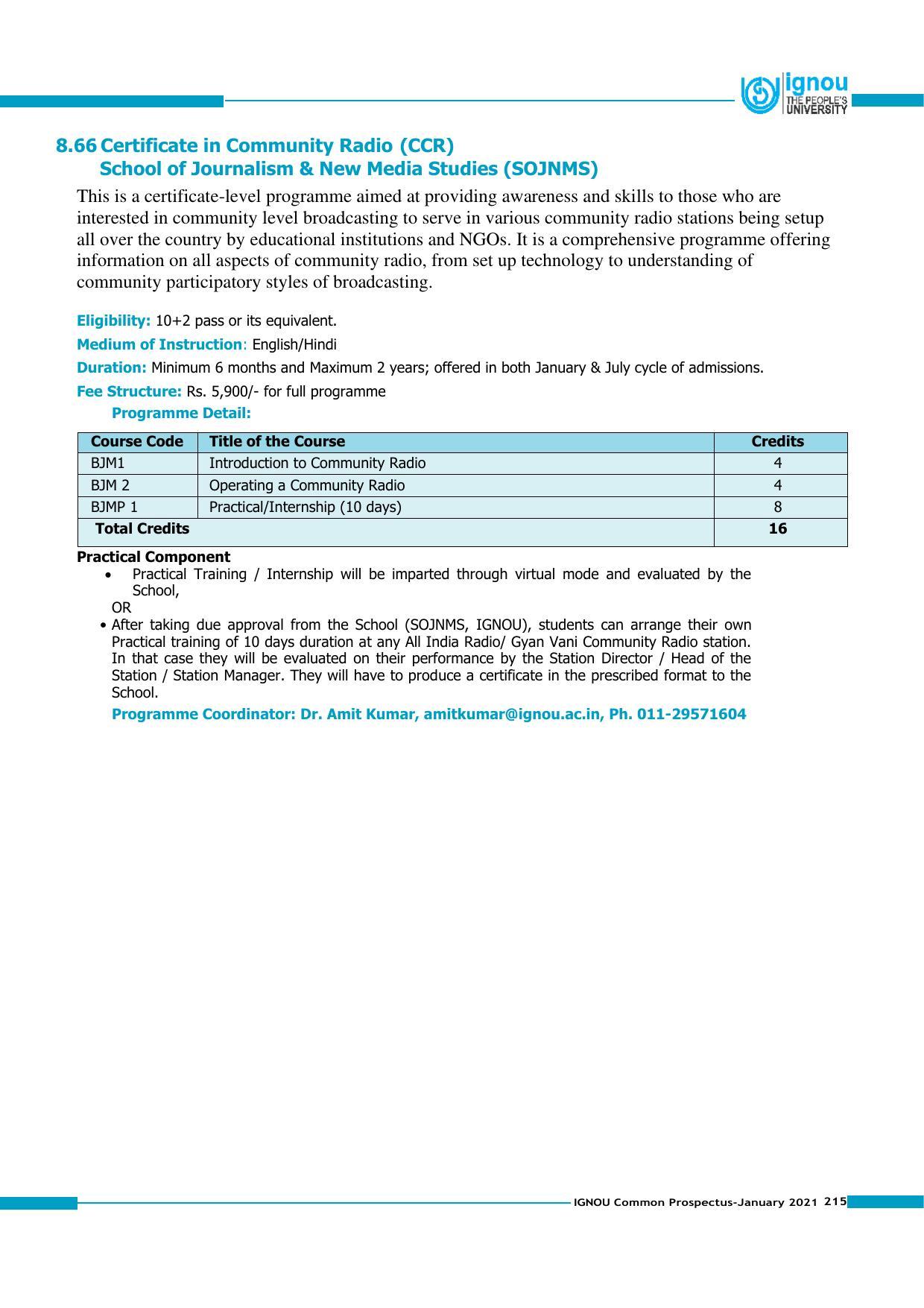 Indira Gandhi National Open University (IGNOU), Delhi - Prospectus 2021 - Page 215