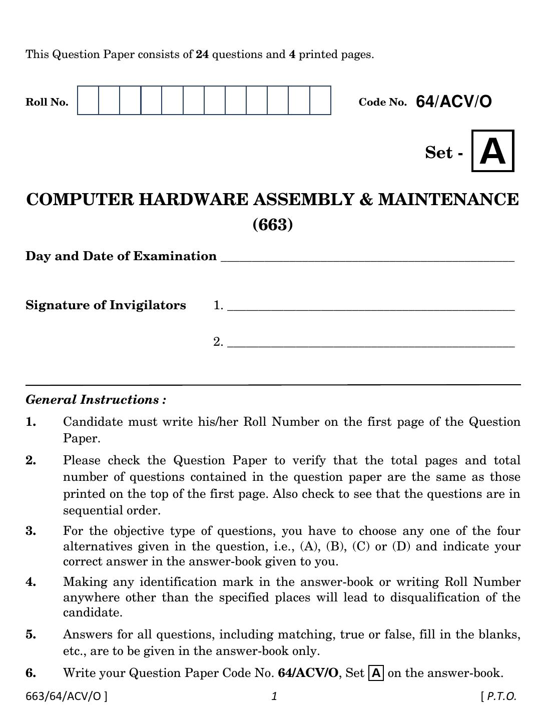 NIOS October 2022 Class 12 Computer Hardware Assembly & Maintenance Question Paper - Page 1