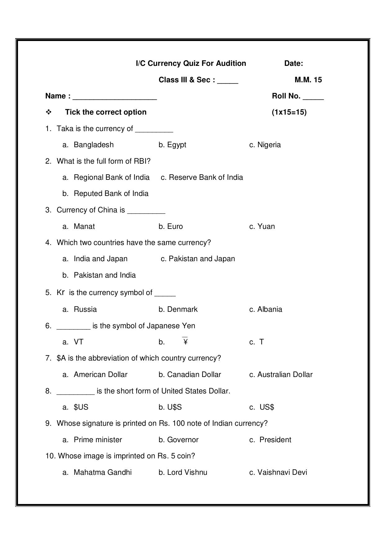 Worksheet for Class 3 GK Assignment 3 - Page 1