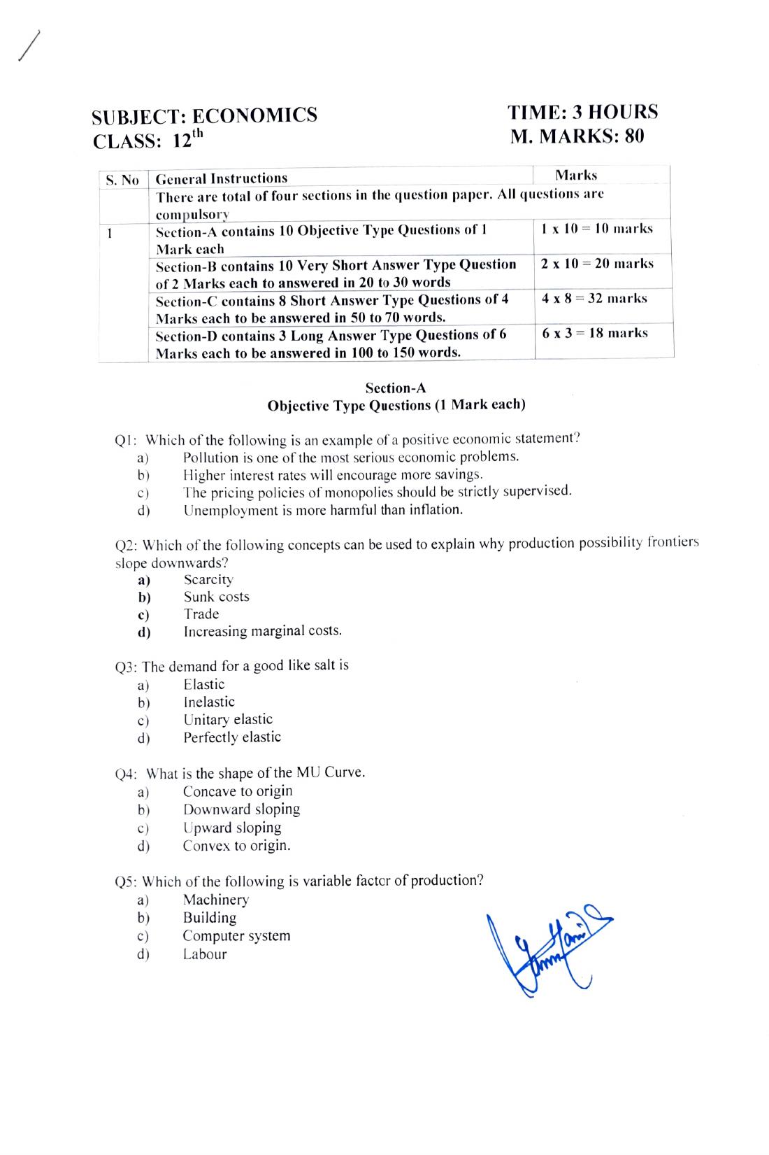 JKBOSE Class 12 Economics Model Question Paper - Page 1