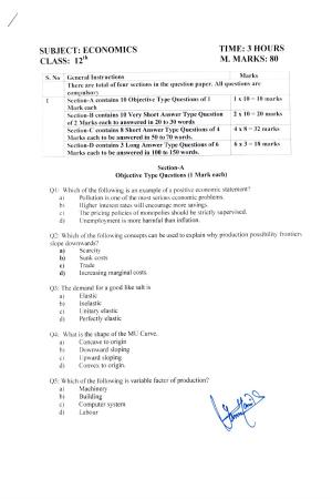 JKBOSE Class 12 Economics Model Question Paper