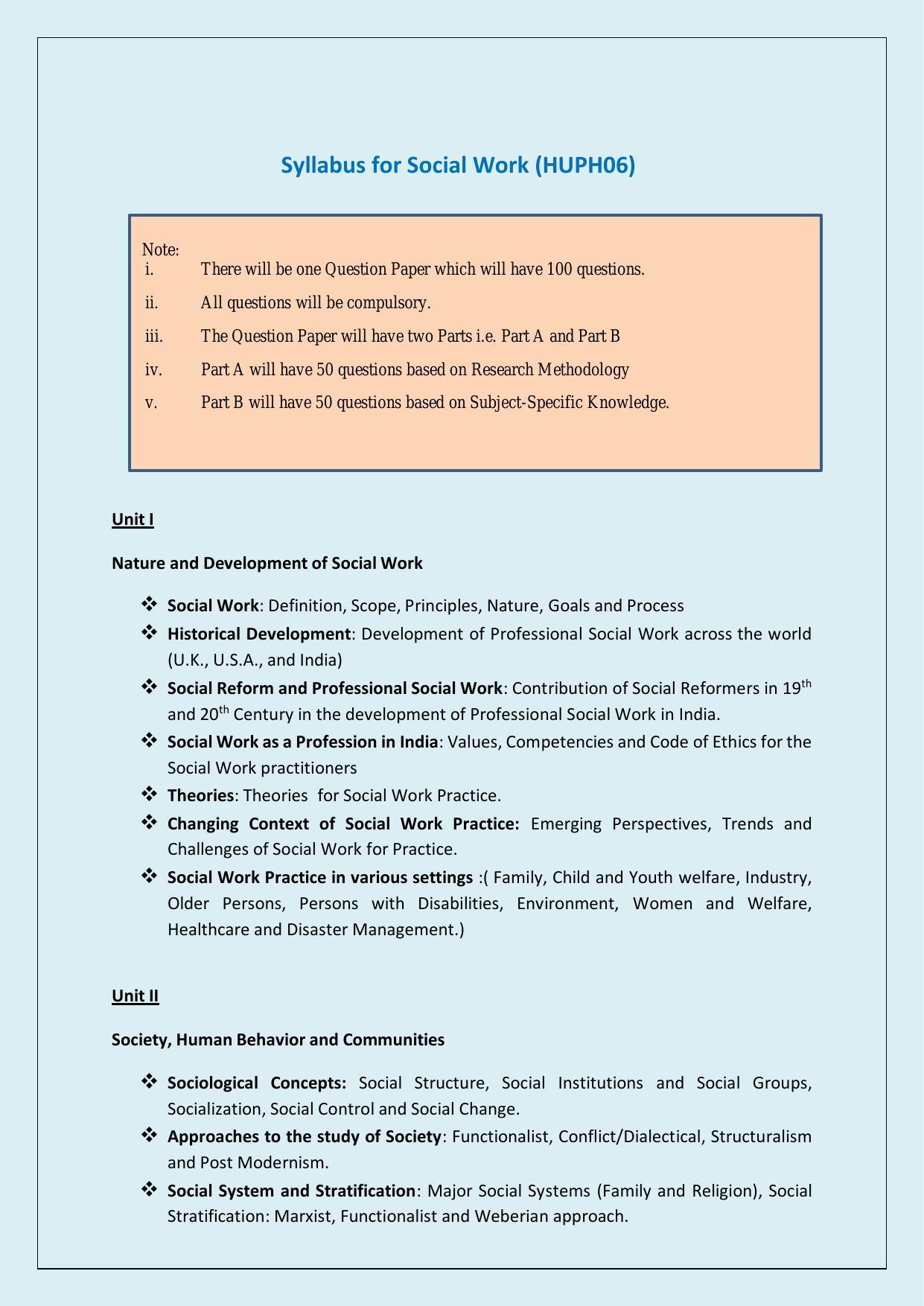 NTA PhD Entrance Exam Social Work Syllabus - Page 1