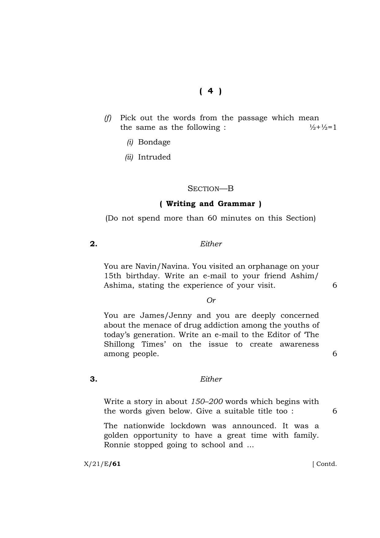 Meghalaya Board (MBOSE) Class 10 ELECTIVE ENGLISH  (X-21-E) 2021 Question Paper - Page 4