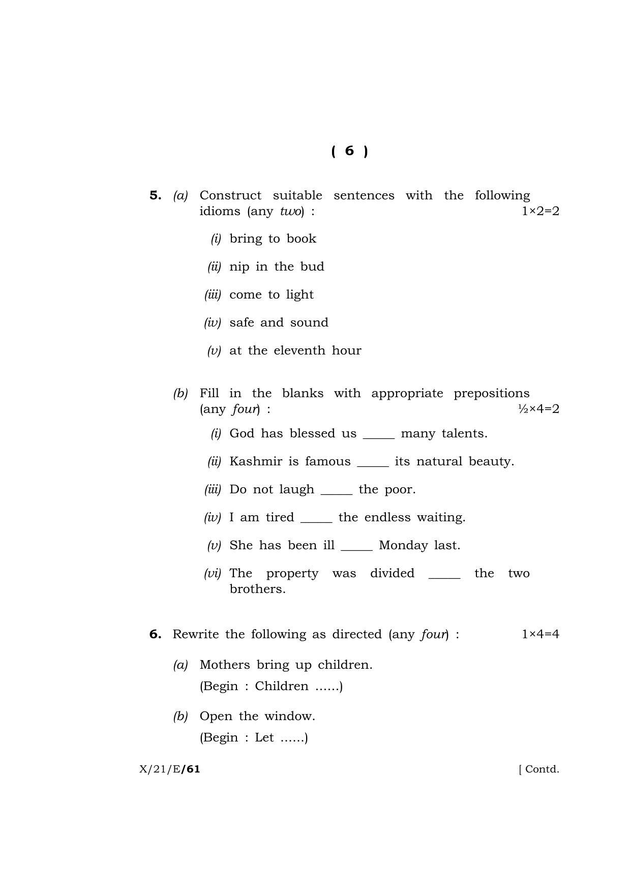 Meghalaya Board (MBOSE) Class 10 ELECTIVE ENGLISH  (X-21-E) 2021 Question Paper - Page 6