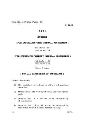 Meghalaya Board (MBOSE) Class 10 ELECTIVE ENGLISH  (X-21-E) 2021 Question Paper
