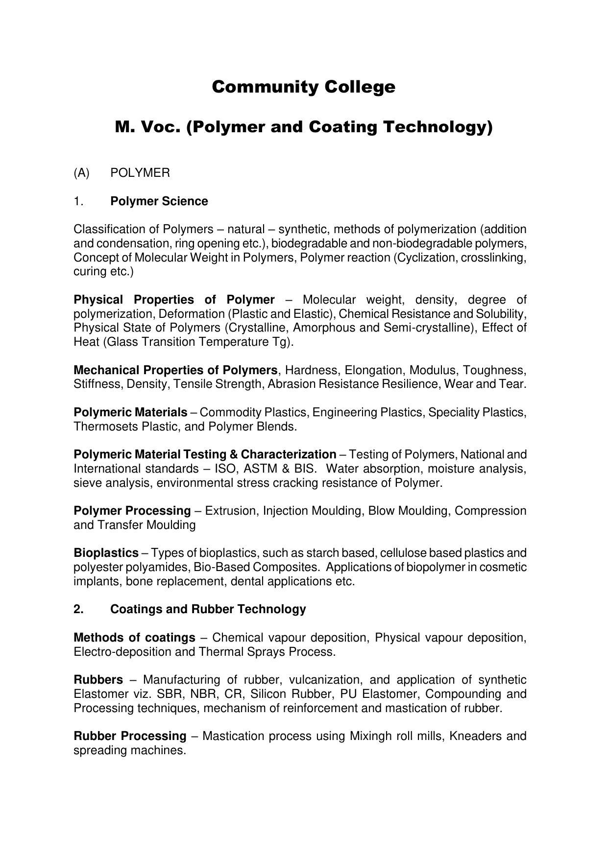 AMU Entrance Exam: M. Voc. - Polymer & Coating Technology Syllabus - Page 1