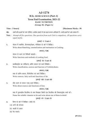 Bilaspur University Question Paper 2021-2022:B.Sc. Home Science Part-I   I. Basic Nutrition Paper 1