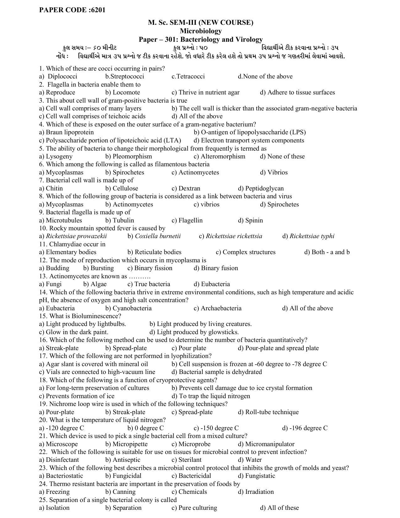 Hemchand North Gujarat University Sample Paper July-Sept 2021: M. Sc. Sem-III - 301 - Bacteriology and Virology Paper Code - 6201 (New Course) - Page 1