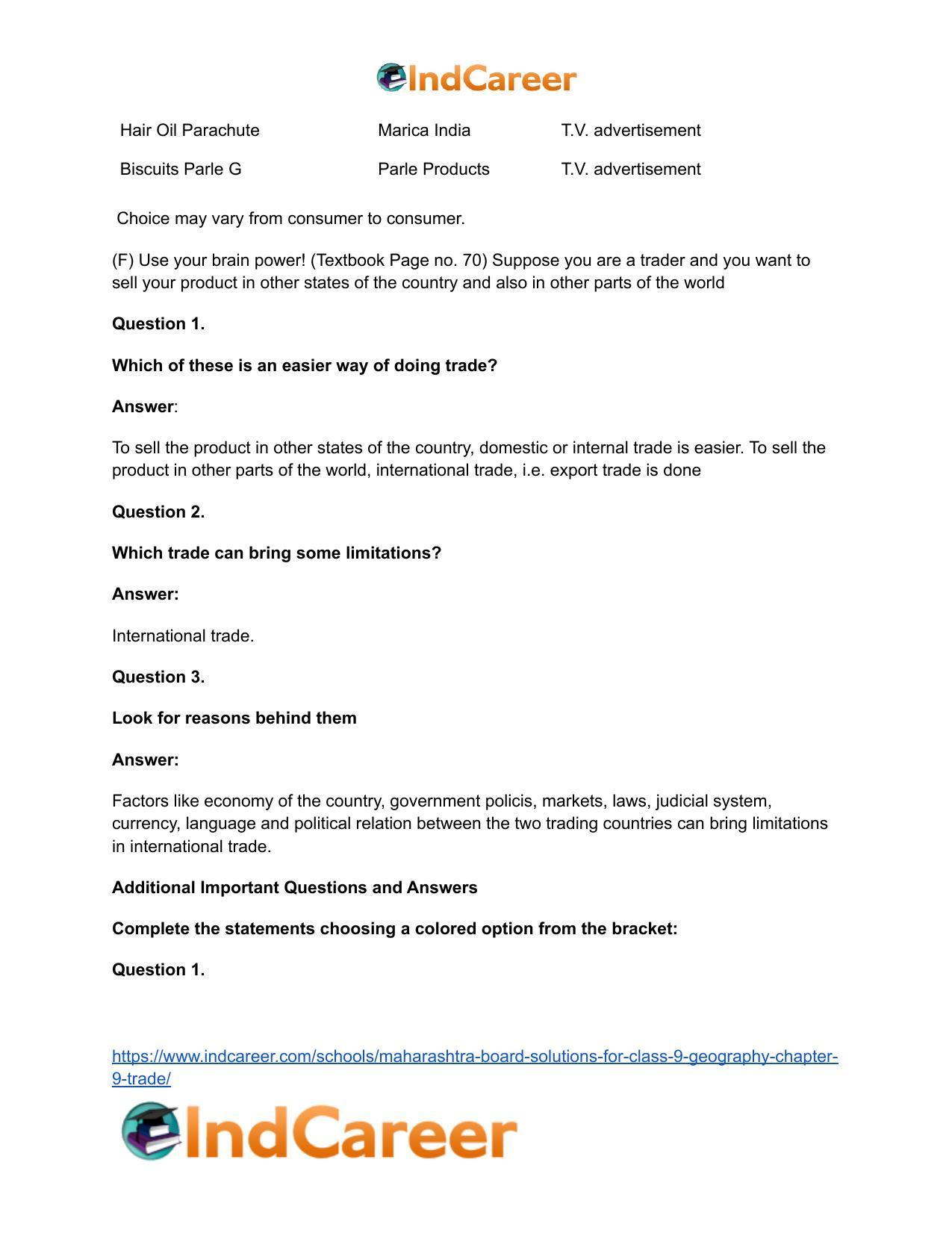 Maharashtra Board Solutions for Class 9- Geography: Chapter 9- Trade - Page 16