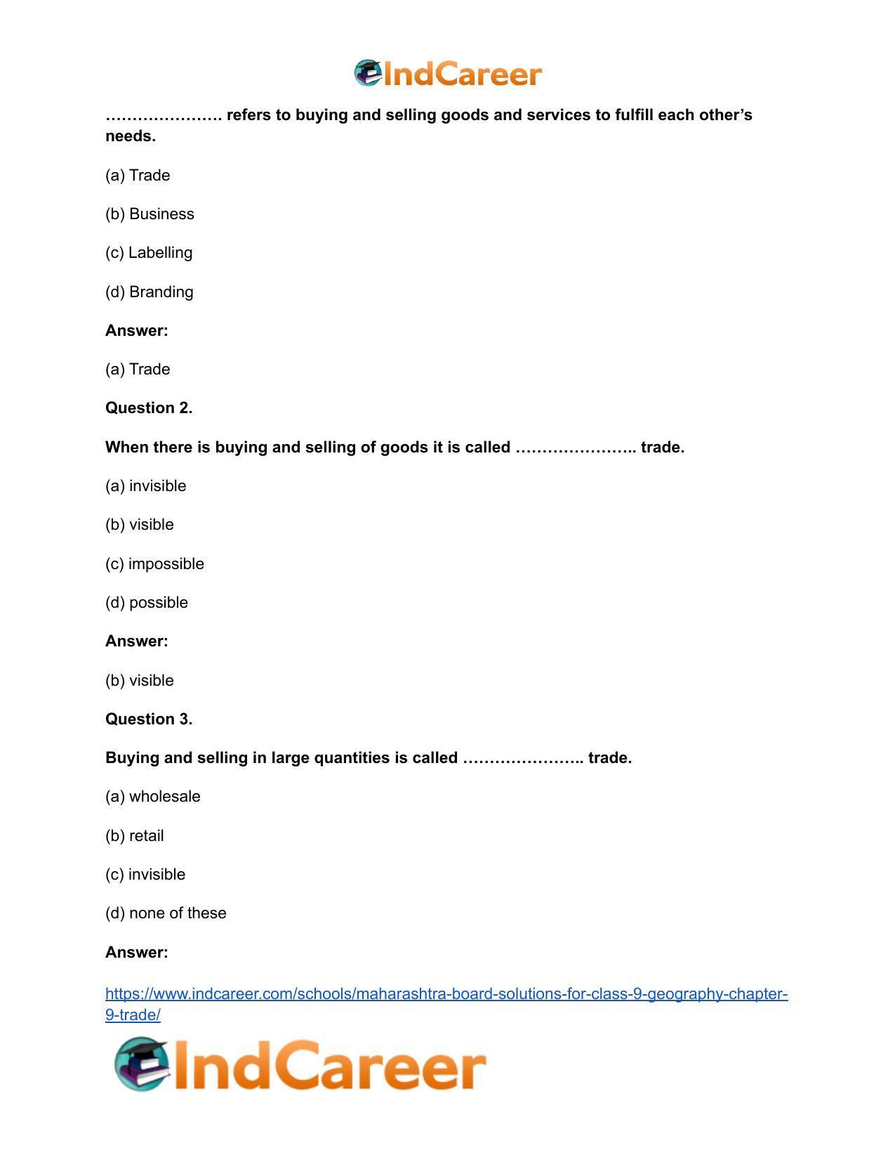 Maharashtra Board Solutions for Class 9- Geography: Chapter 9- Trade - Page 17