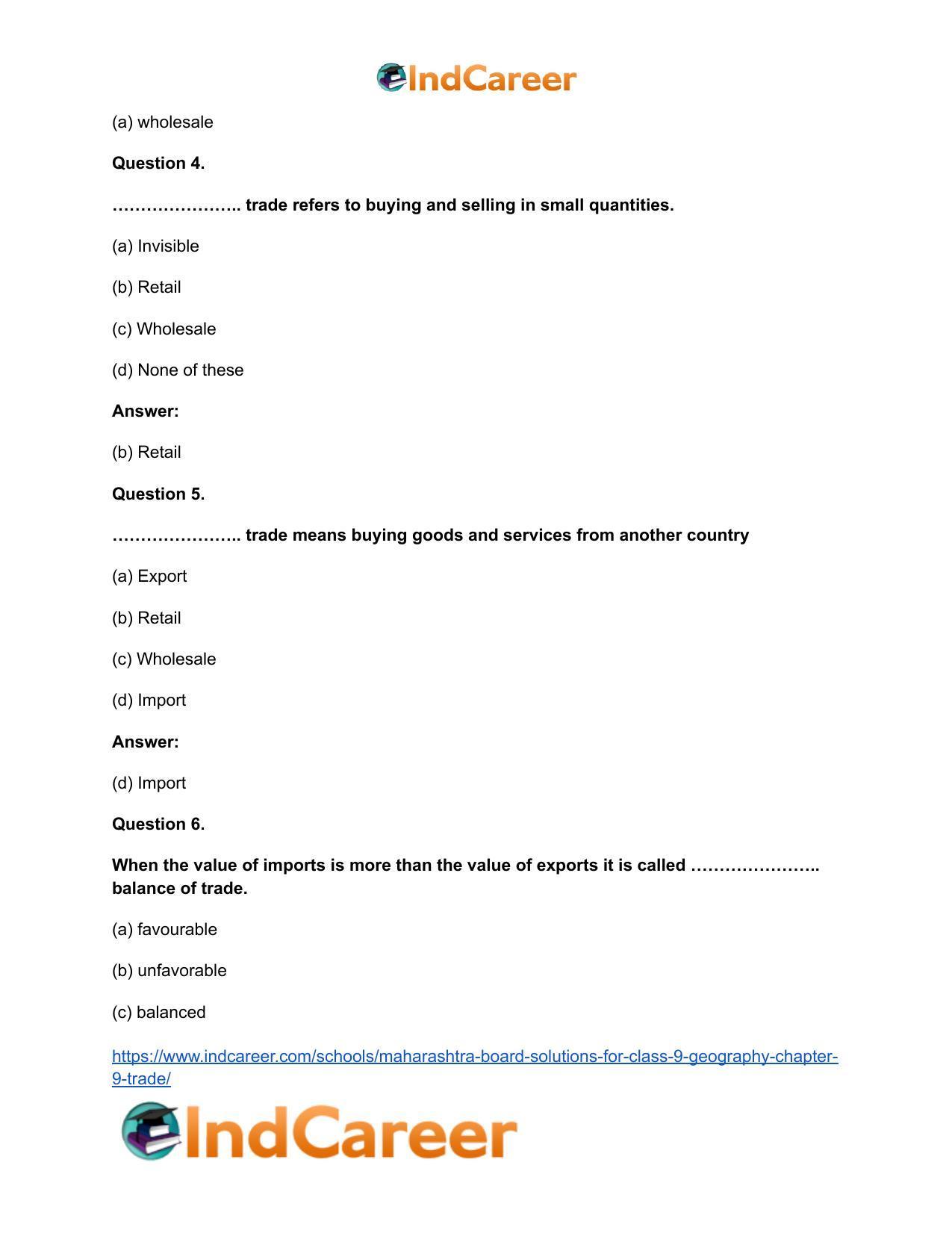 Maharashtra Board Solutions for Class 9- Geography: Chapter 9- Trade - Page 18