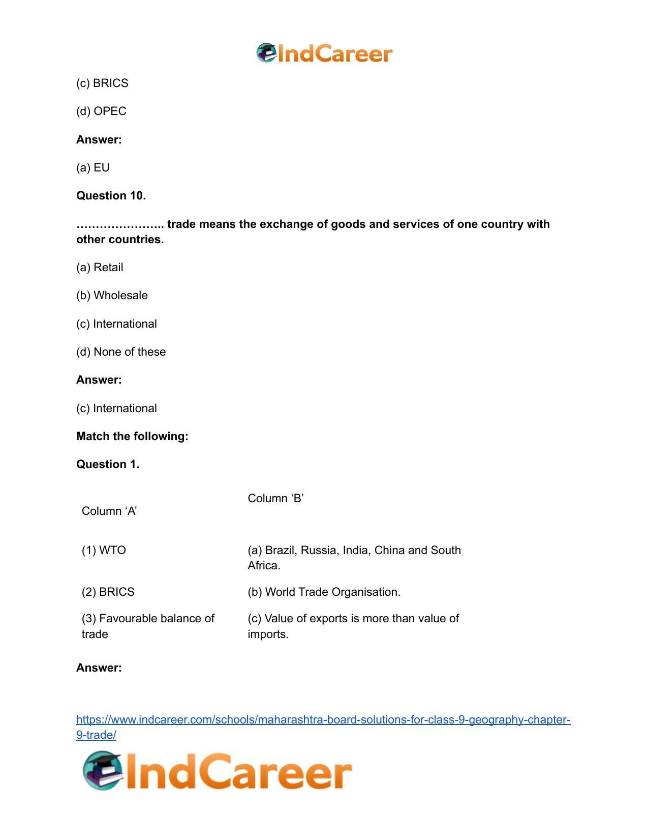 Maharashtra Board Solutions for Class 9- Geography: Chapter 9- Trade - Page 20