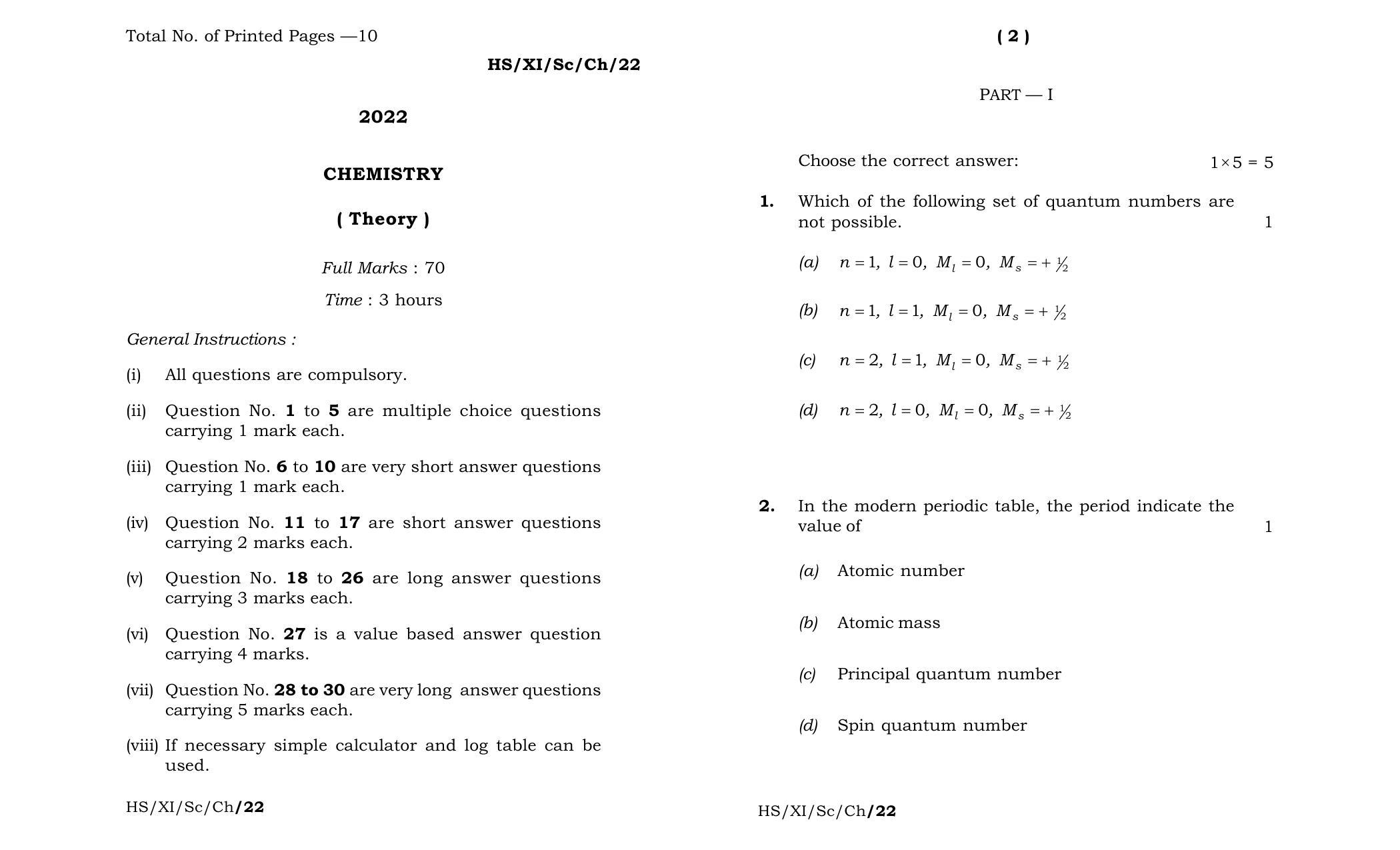 Meghalaya Board (MBOSE) Class 11 Chemistry (theory) 2022 Question Paper - Page 1