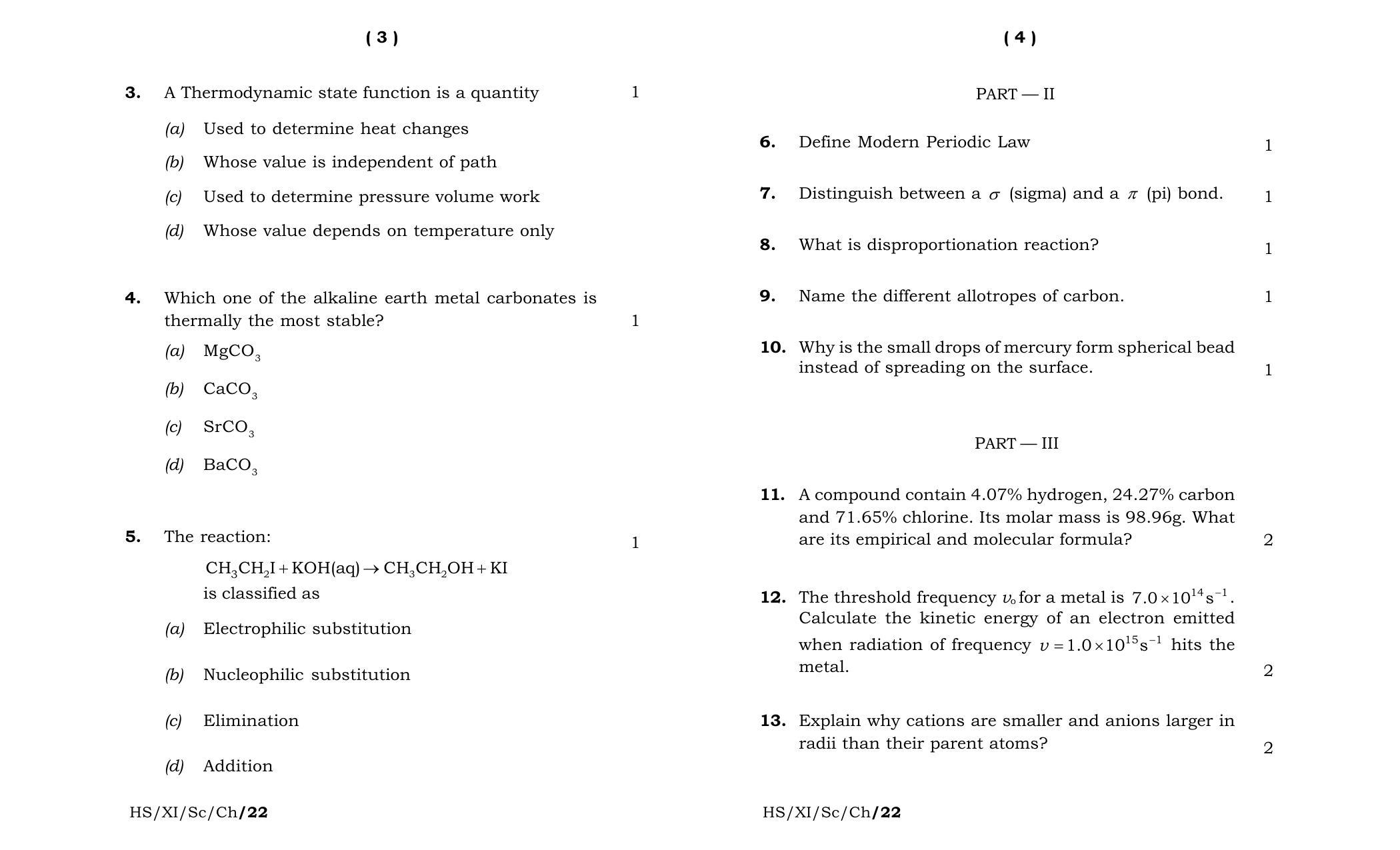 Meghalaya Board (MBOSE) Class 11 Chemistry (theory) 2022 Question Paper - Page 2