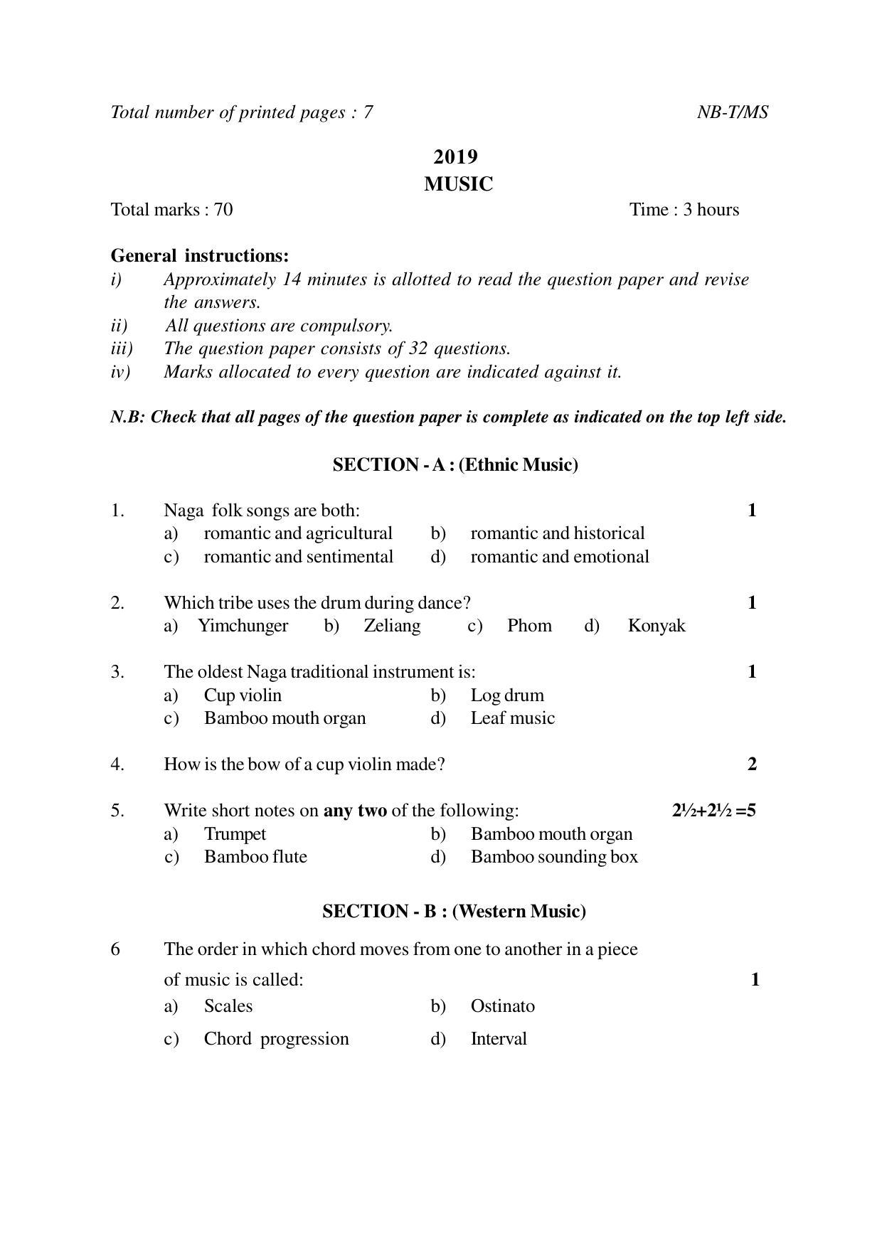 Nagaland Board Class 10 MUSIC 2019 Question Paper - Page 1