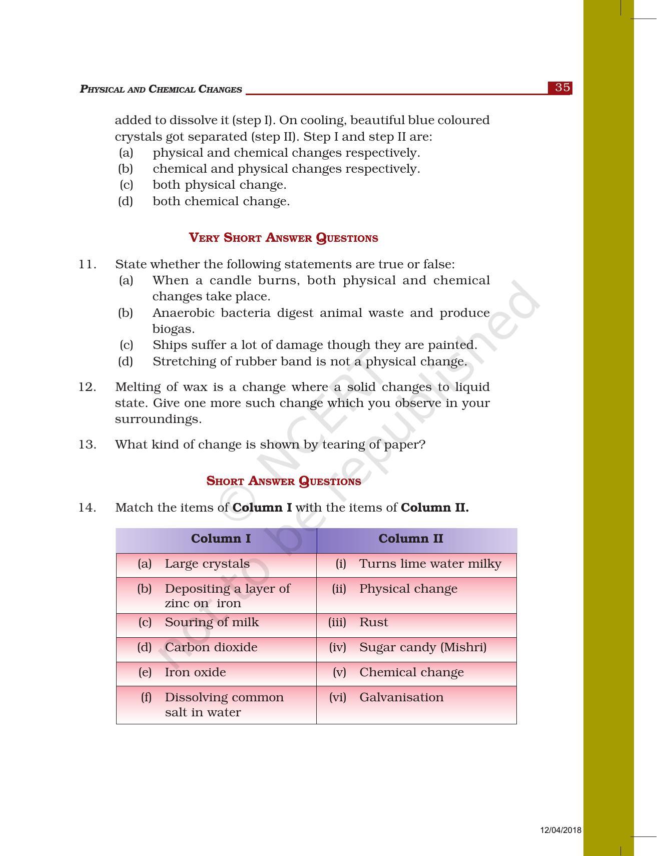 NCERT Exemplar Book for Class 7 Science: Chapter 6-Physical and Chemical Changes - Page 3