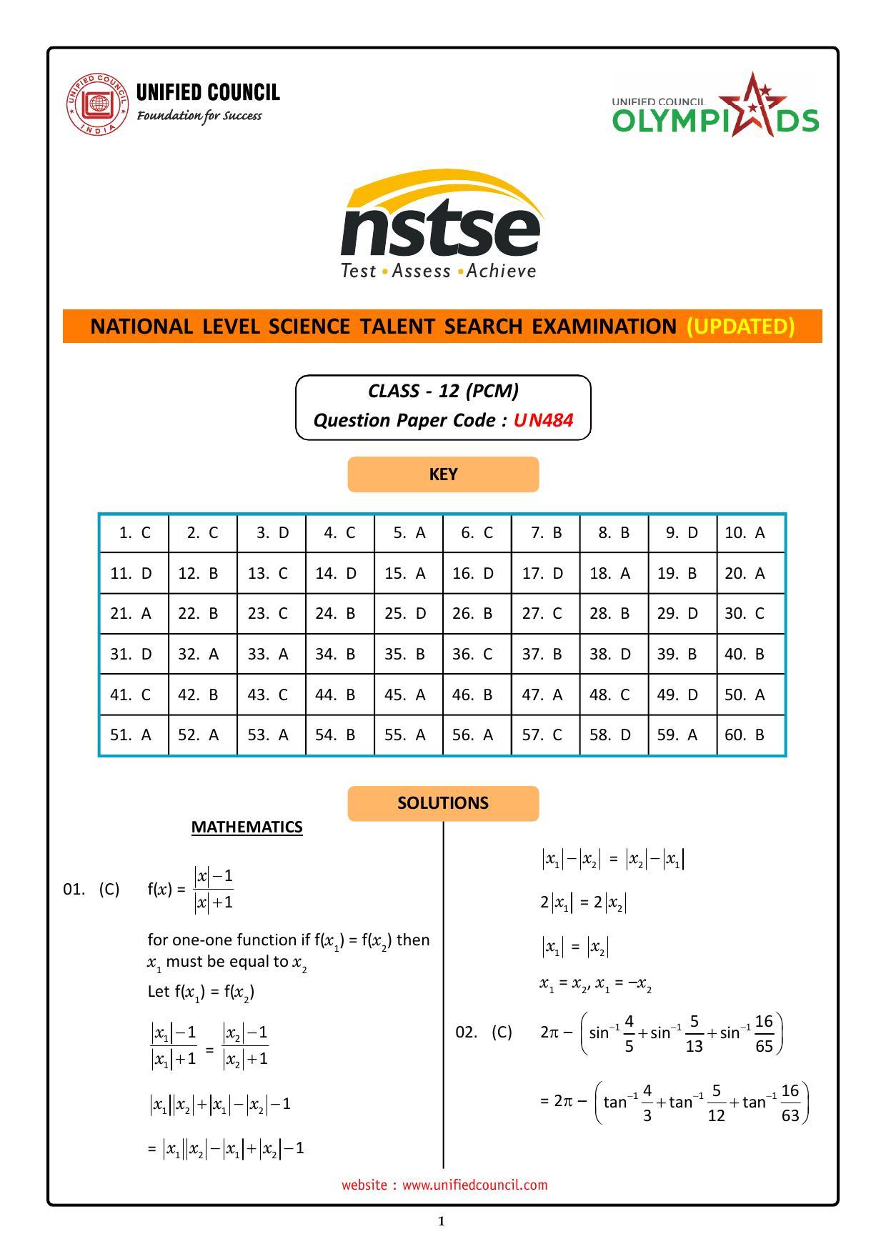NSTSE 2023 Class 12 PCM Answer Key (Paper Code 484) - Page 1