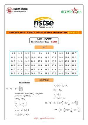 NSTSE 2023 Class 12 PCM Answer Key (Paper Code 484)