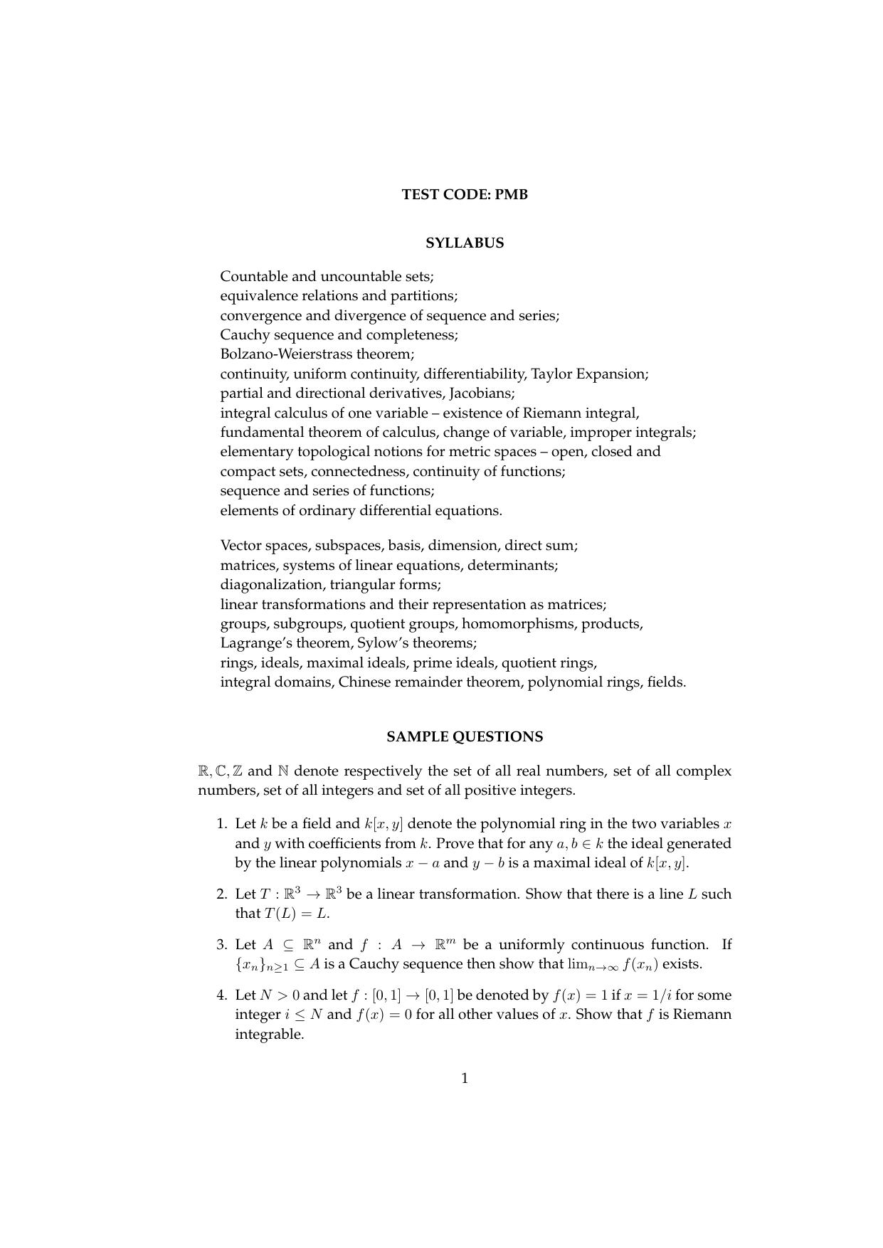 ISI Admission Test M.Math. PMB 2016 Sample Paper - Page 1