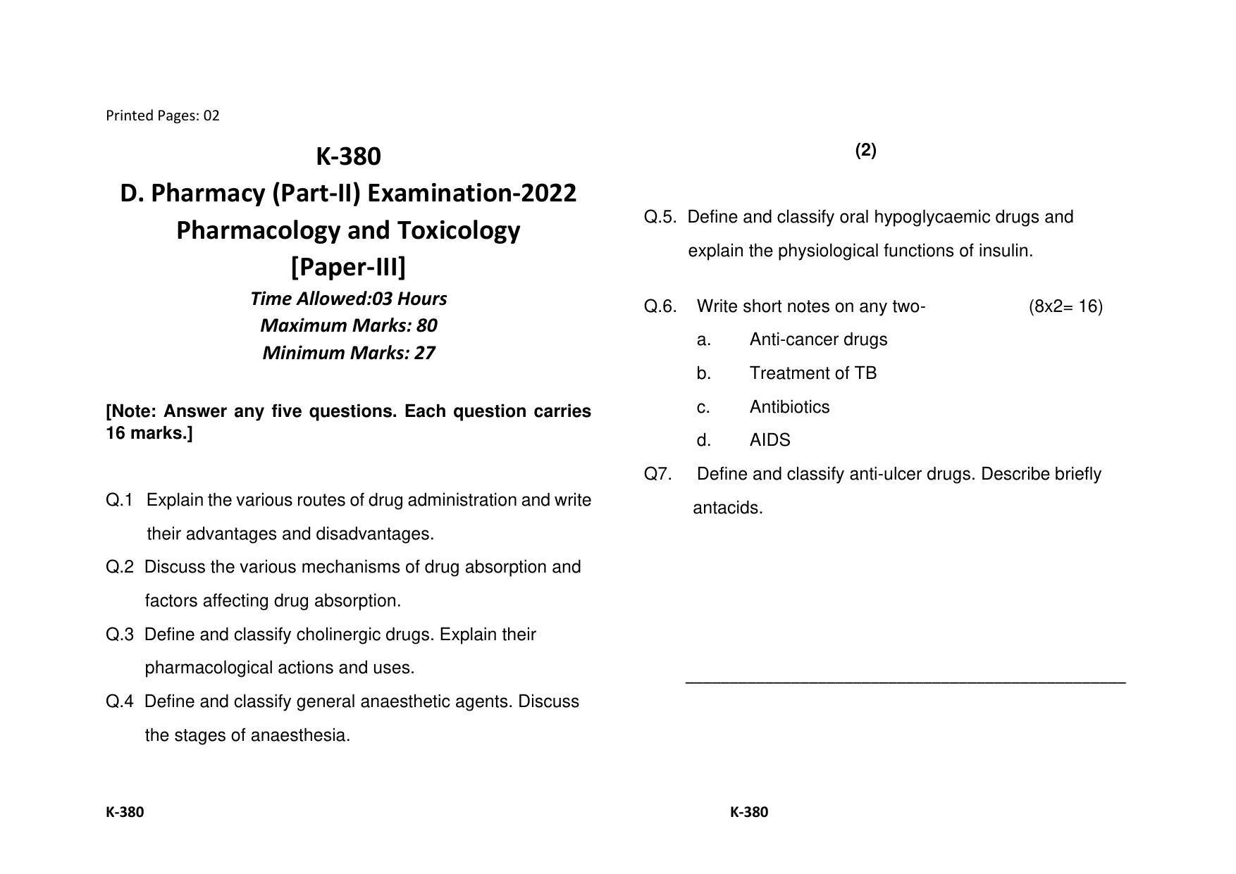Sarguja University Question Paper - 2022 : Diploma In Pharmacy Part-II Pharmacology & Toxiocology Paper I - Page 1