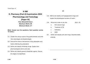 Sarguja University Question Paper - 2022 :   Diploma In Pharmacy Part-II Pharmacology & Toxiocology Paper I