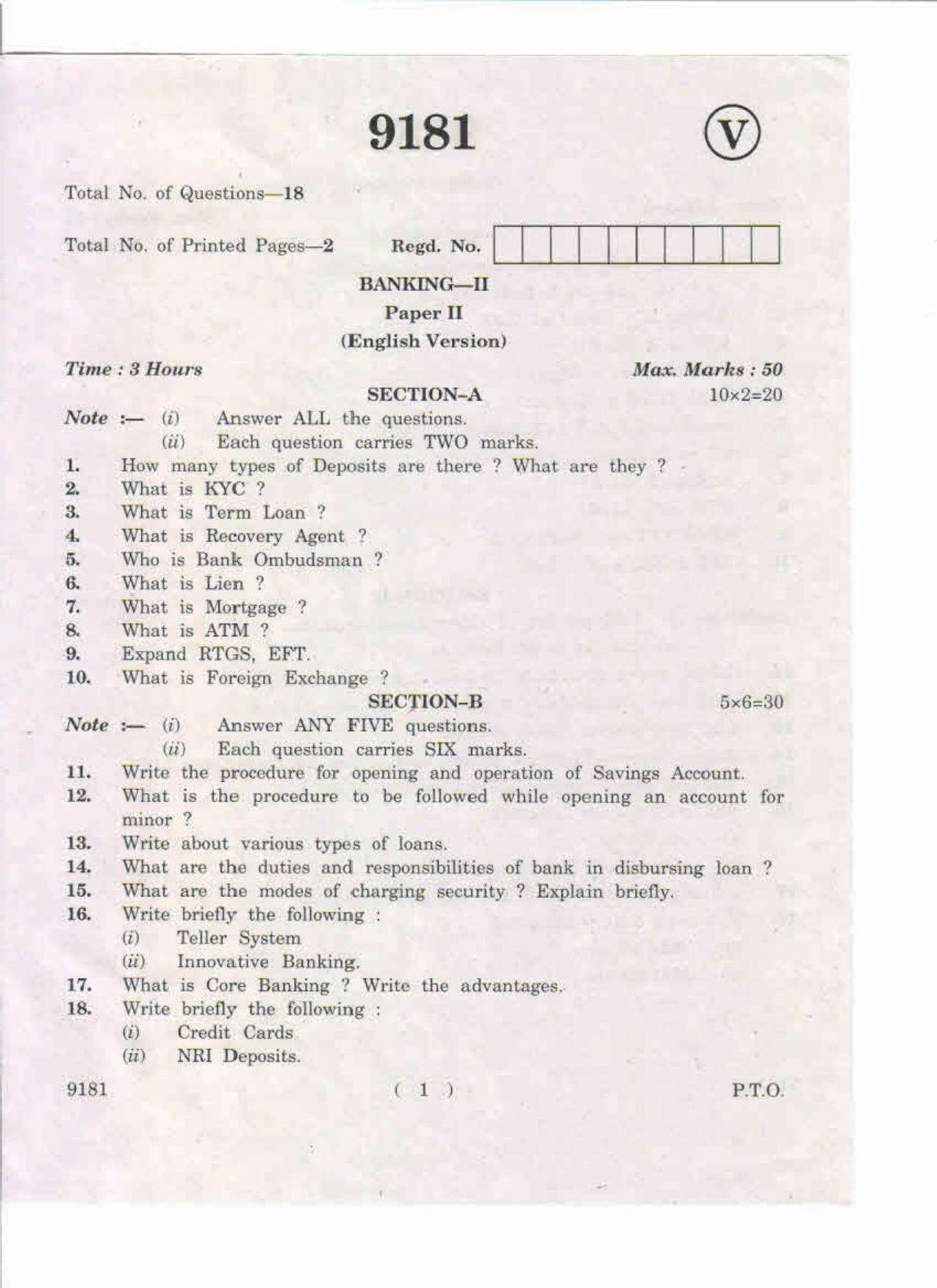 AP Inter 2nd Year Banking-II May-2019-Vocational Question Paper - Page 1