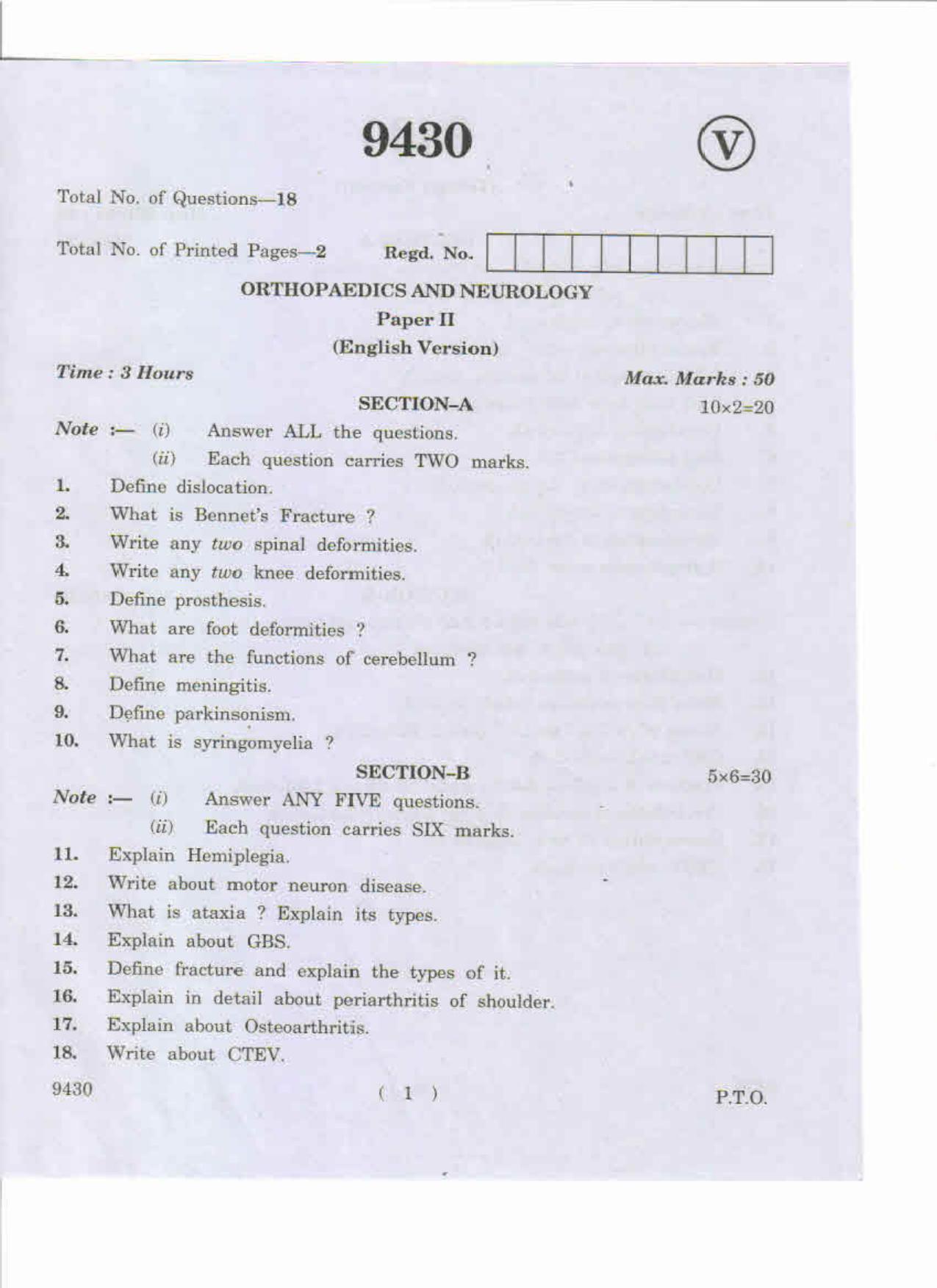 AP Inter 2nd Year Orthopaedics and Neurology-II May-2019-Vocational Question Paper - Page 1