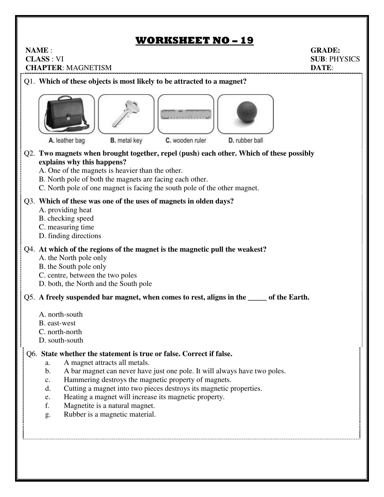CBSE Worksheets for Class 6 Physics Magnetism Assignment 3 - Page 1