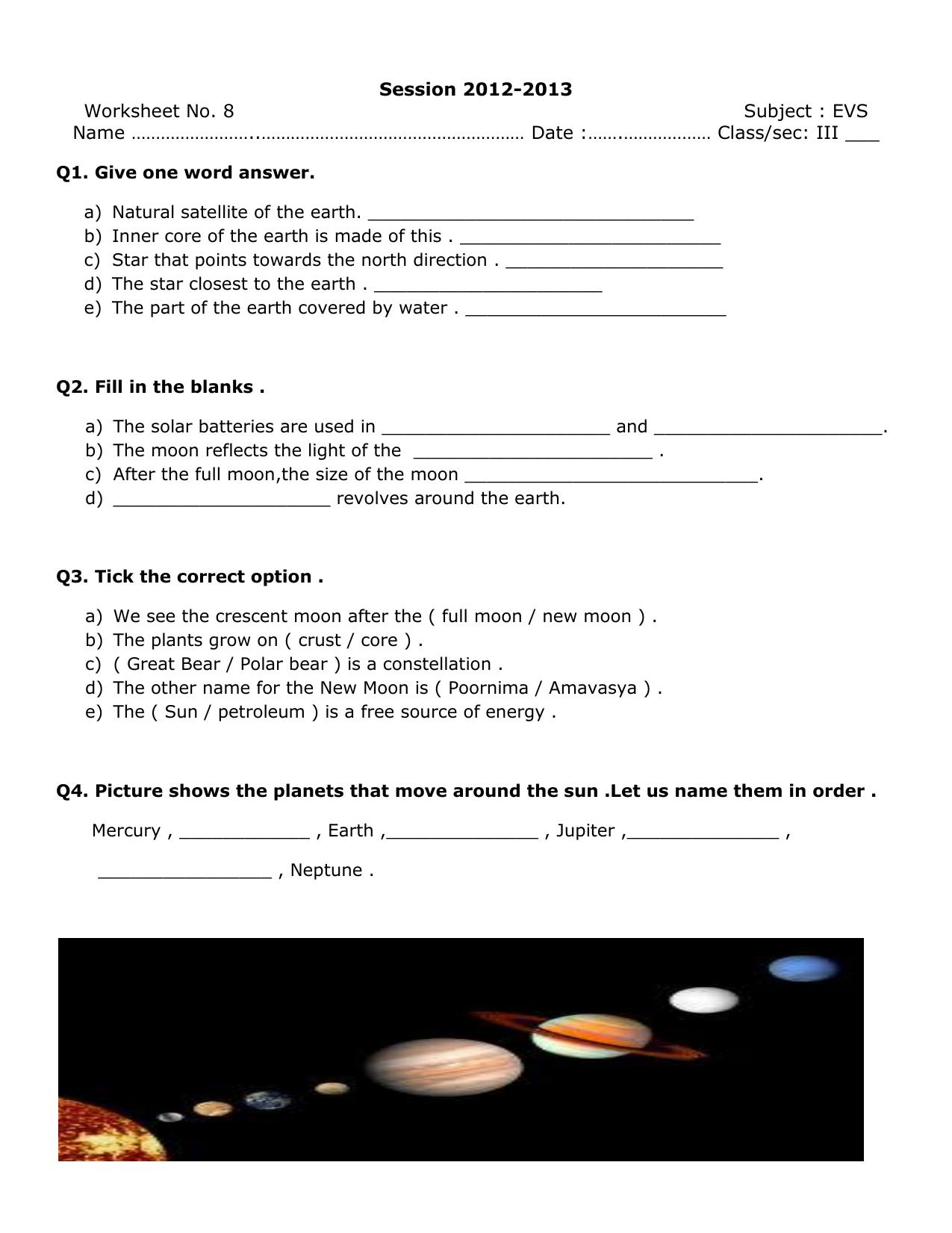 Worksheet for Class 3 EVS Assignment 6 - Page 1