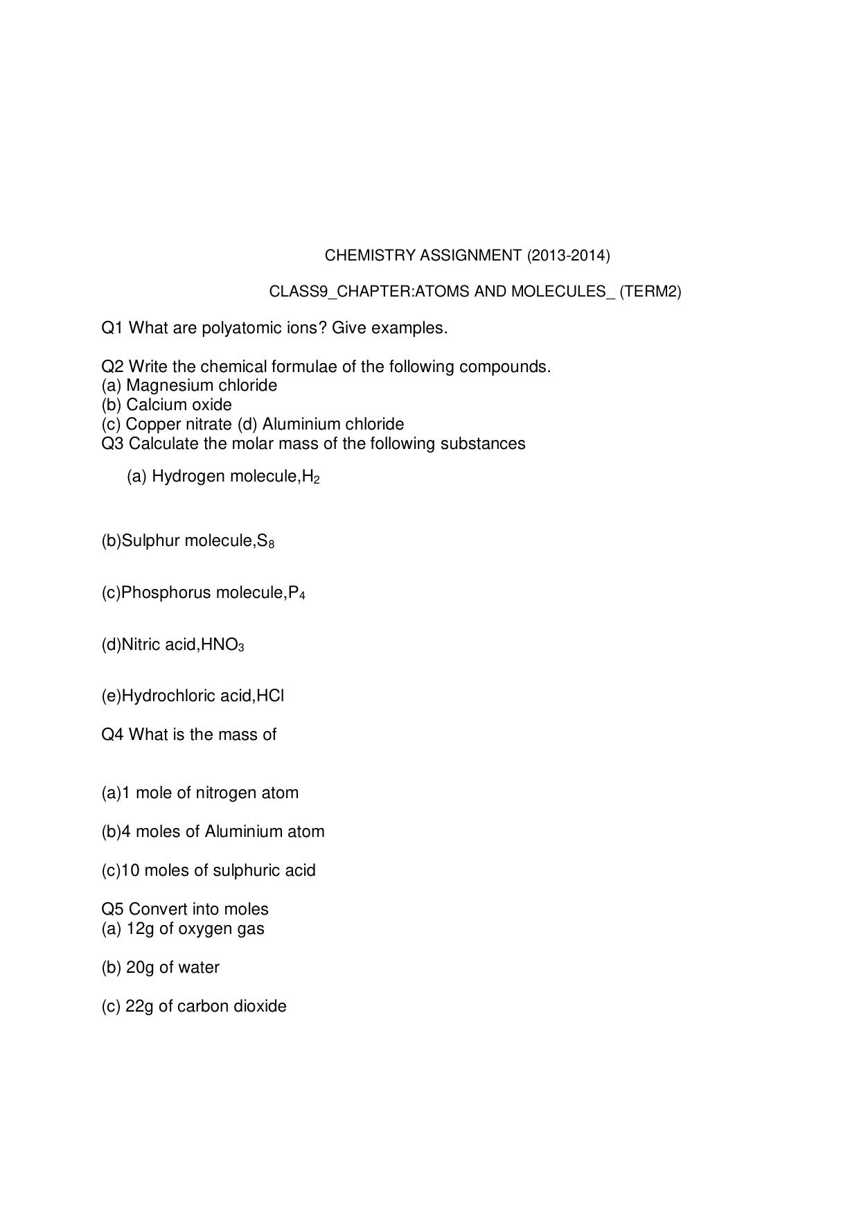 CBSE Worksheets for Class 9 Chemistry Atoms and molecules Assignment 2 - Page 1