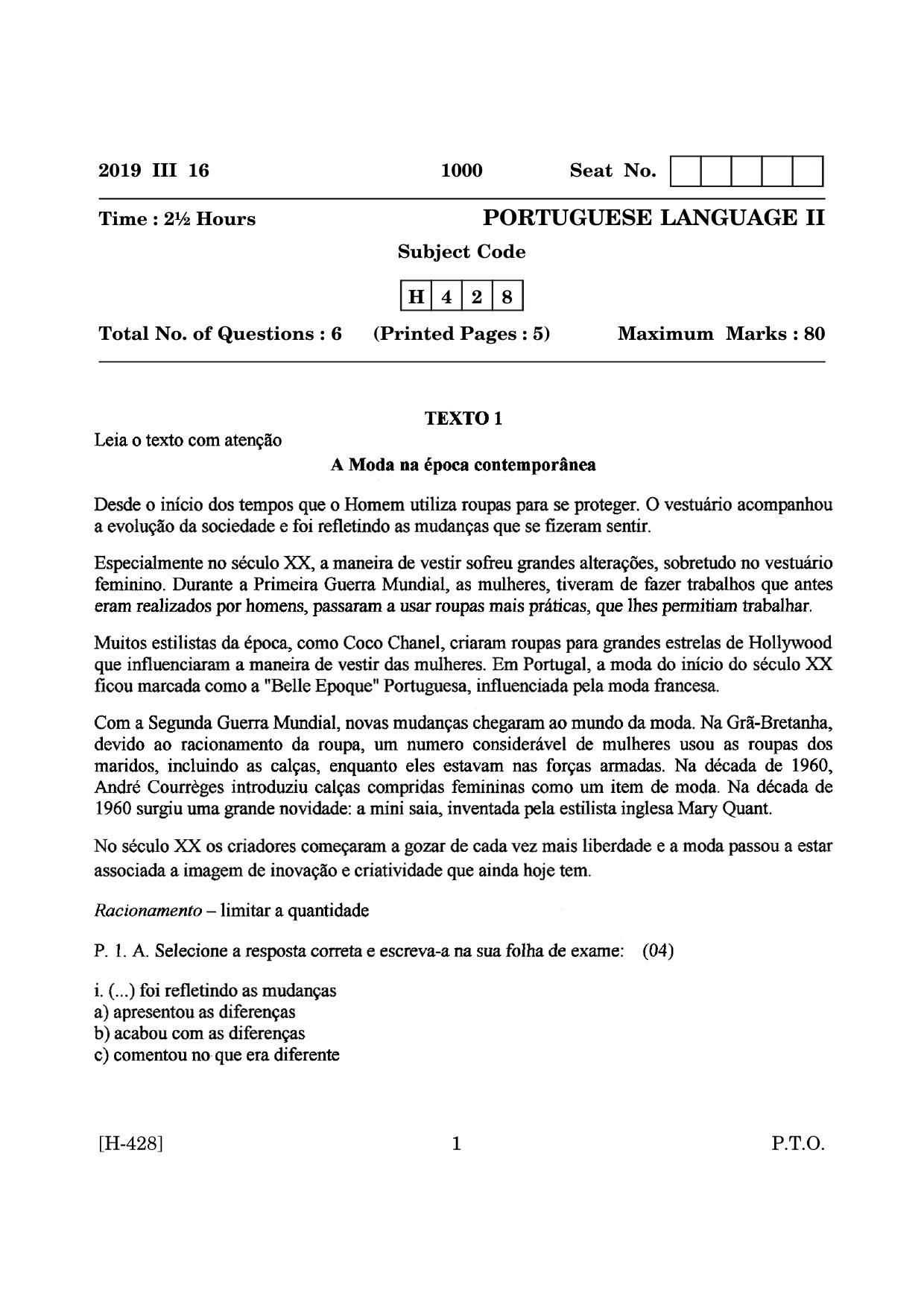 Goa Board Class 12 Portuguese II  2019 (March 2019) Question Paper - Page 1